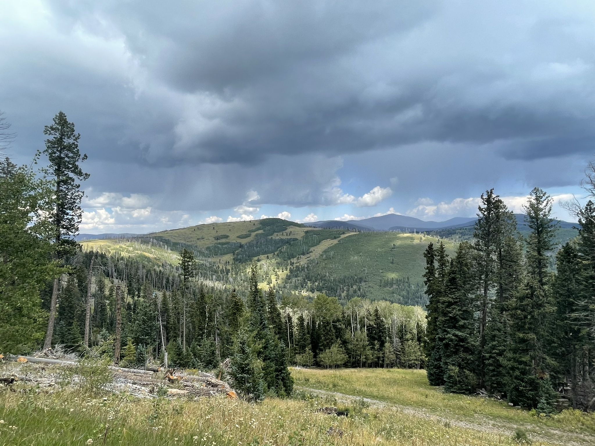 Dark clouds loom over a vast forested mountain landscape with green hills. - Juniper Campground loop