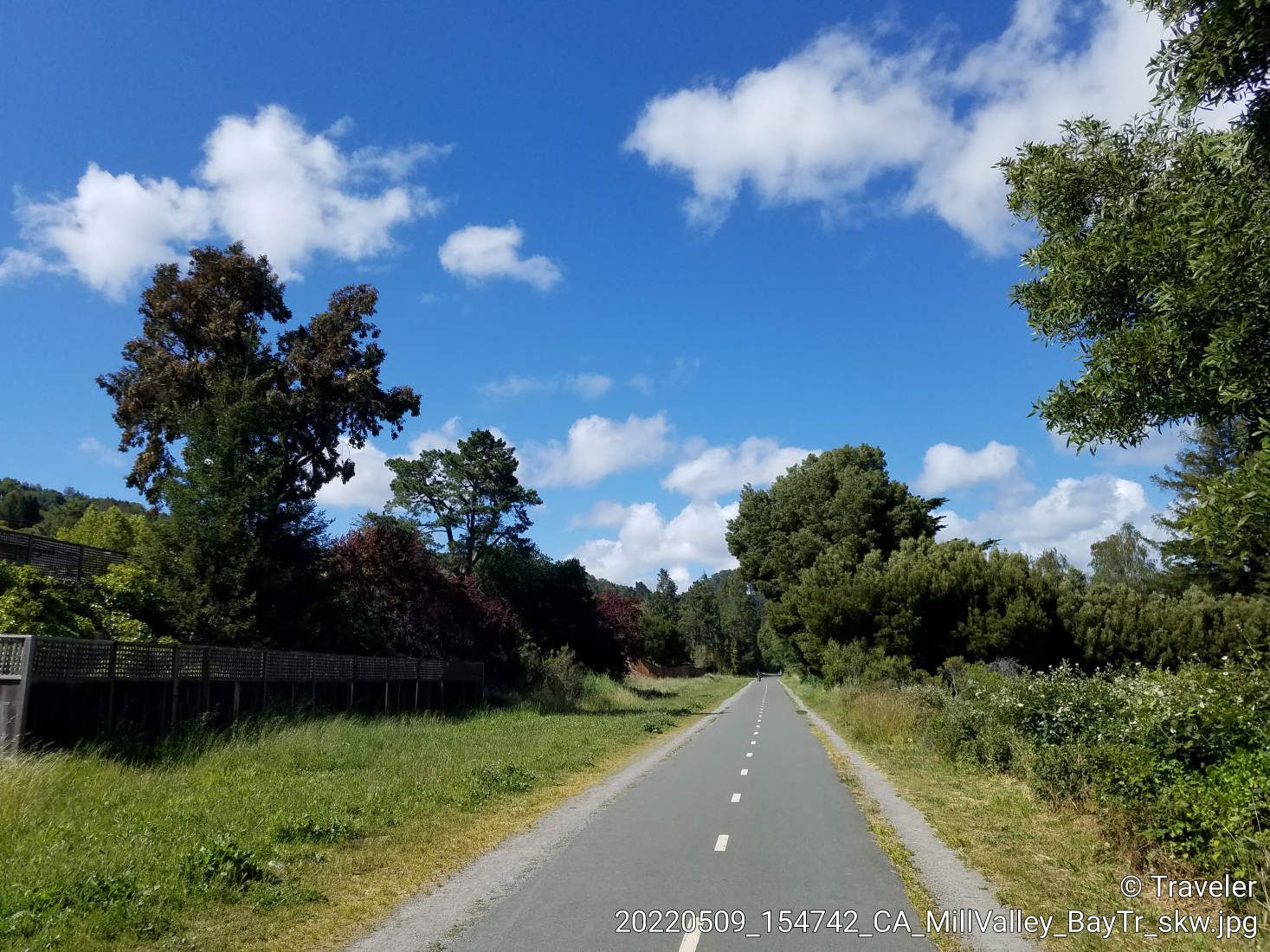Long paved trail through green landscape under a bright blue sky. - Hiking loop from Mill Valley