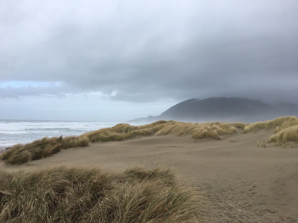 Cloudy day at a sandy beach with grassy dunes, ocean waves, and distant mountains. - Nehalem Beach loop run