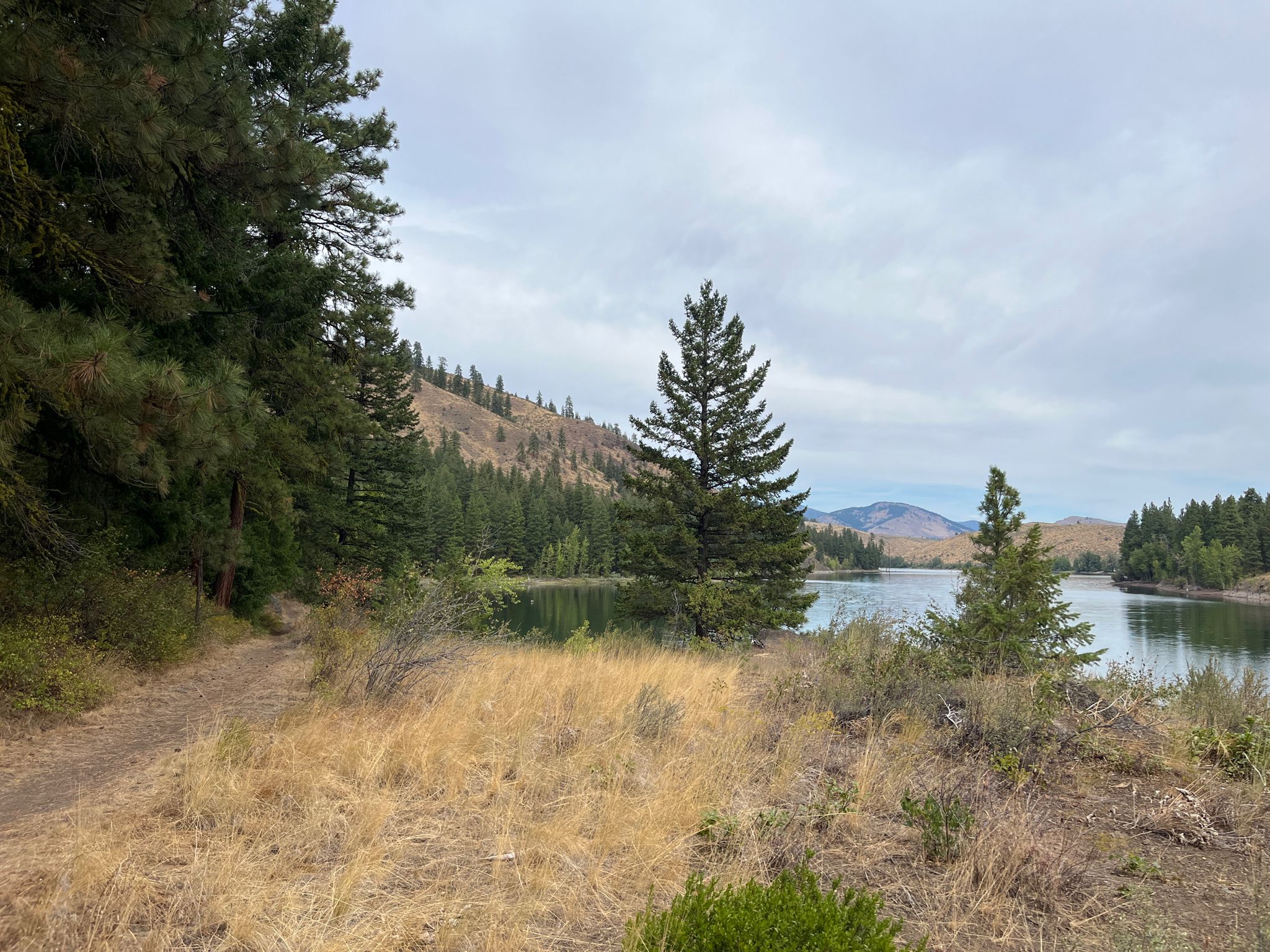 A dirt path alongside a calm lake with forested hills under an overcast sky. - View of Patterson Lake loop from Winthrop