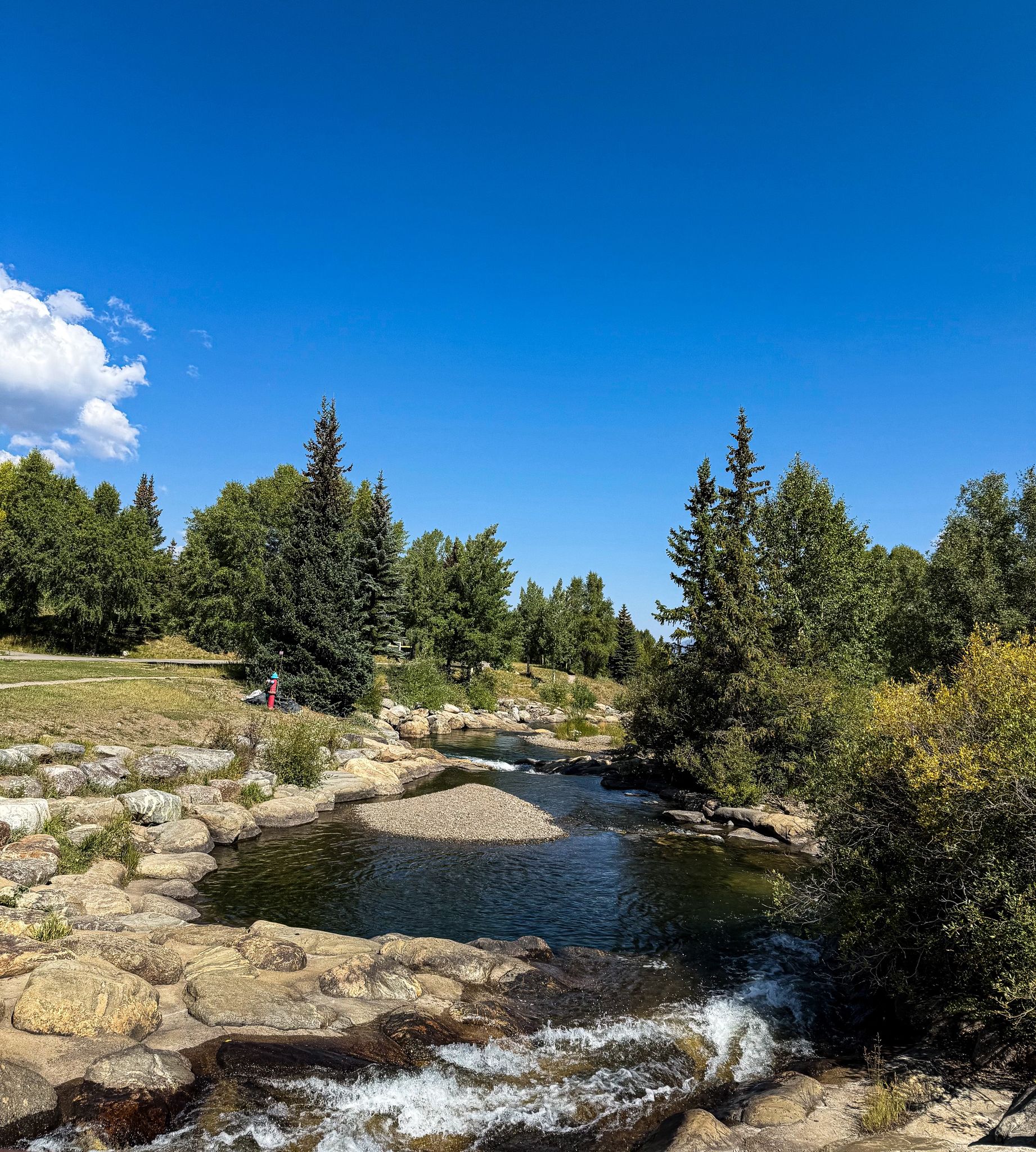 A clear river flows over rocks through a green forest on a sunny day. - Blue River Recpath and French Gulch Loop