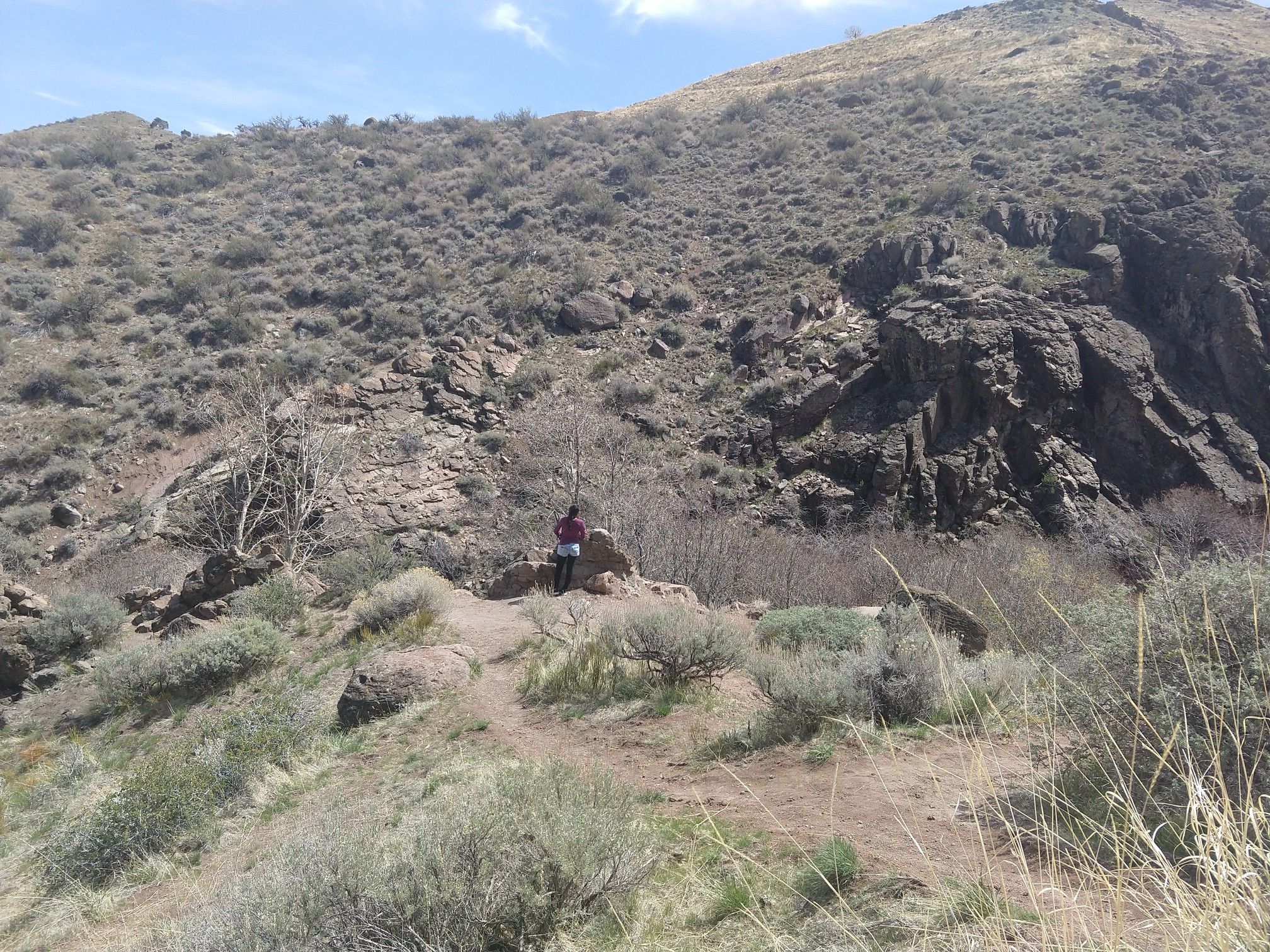 A person stands on a rocky ledge overlooking arid, brush-covered hills. - Hunter Creek Trail