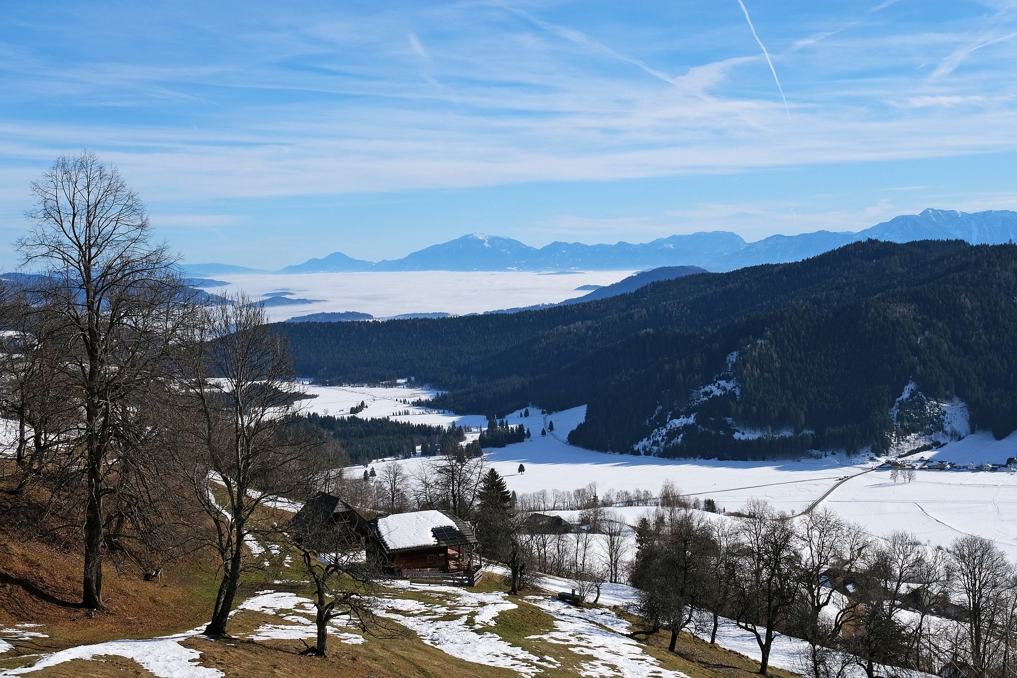 Blick über das Freundsamer Moos zur Petzen (Bildmitte), ganz re. hi. Hochobir