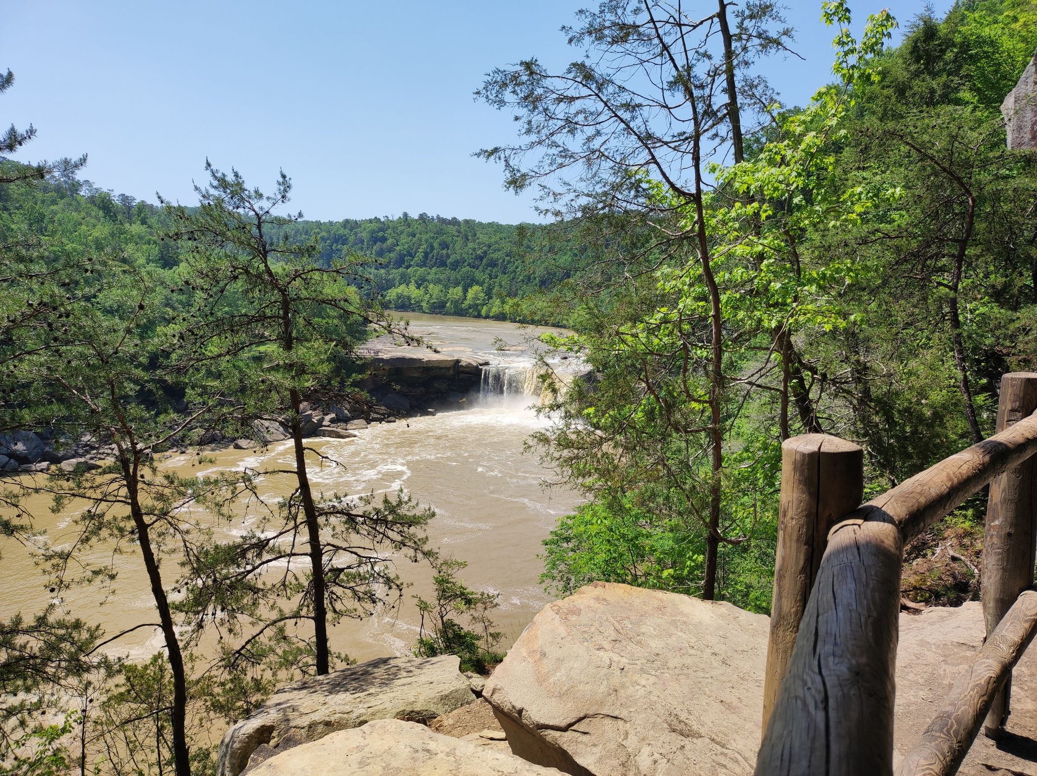 River with a wide waterfall, surrounded by green trees under a clear sky. - Eagle Falls Trail