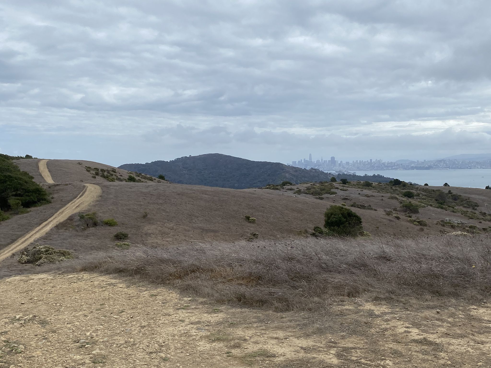 A dirt path winds through dry, rolling hills under an overcast sky. - Spanish Loop