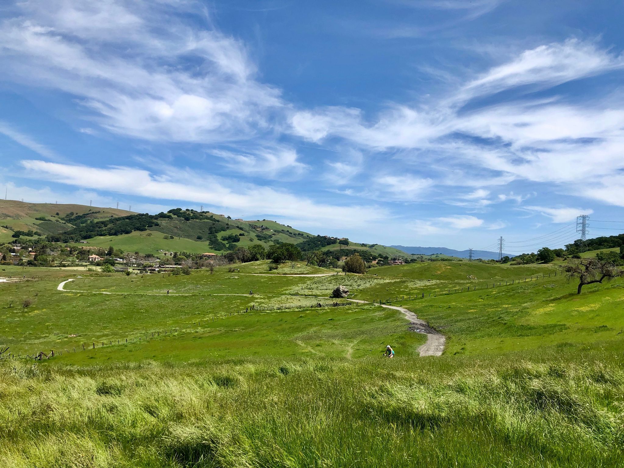 A winding dirt path through sunny green hills with a distant person. - Rancho San Vicente Trailhead loop from Rancho San Vicente Entrance