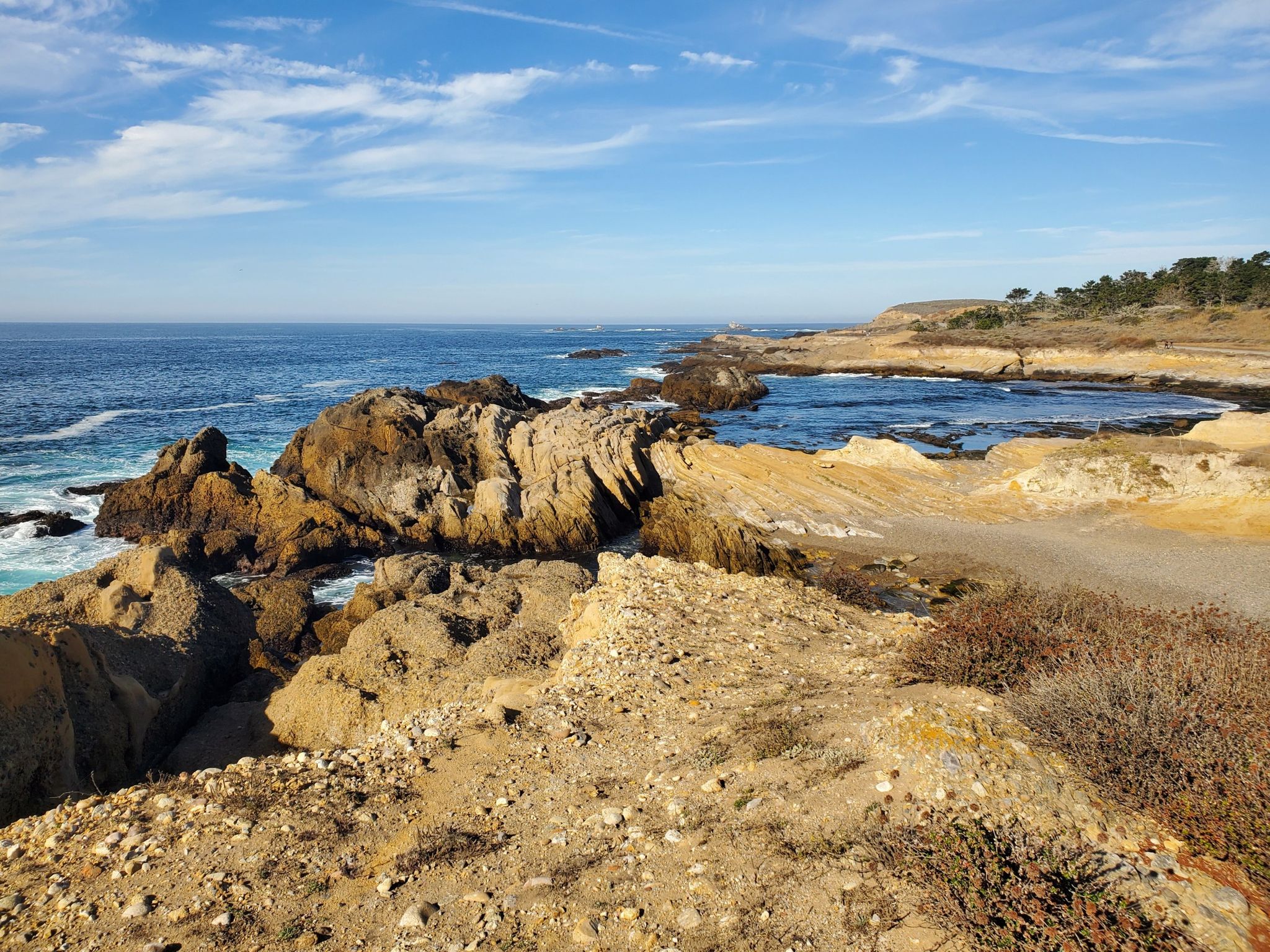 Rugged brown rocks and a sandy path along the ocean under a blue sky. - Point Lobos loop from Whaler's Cove