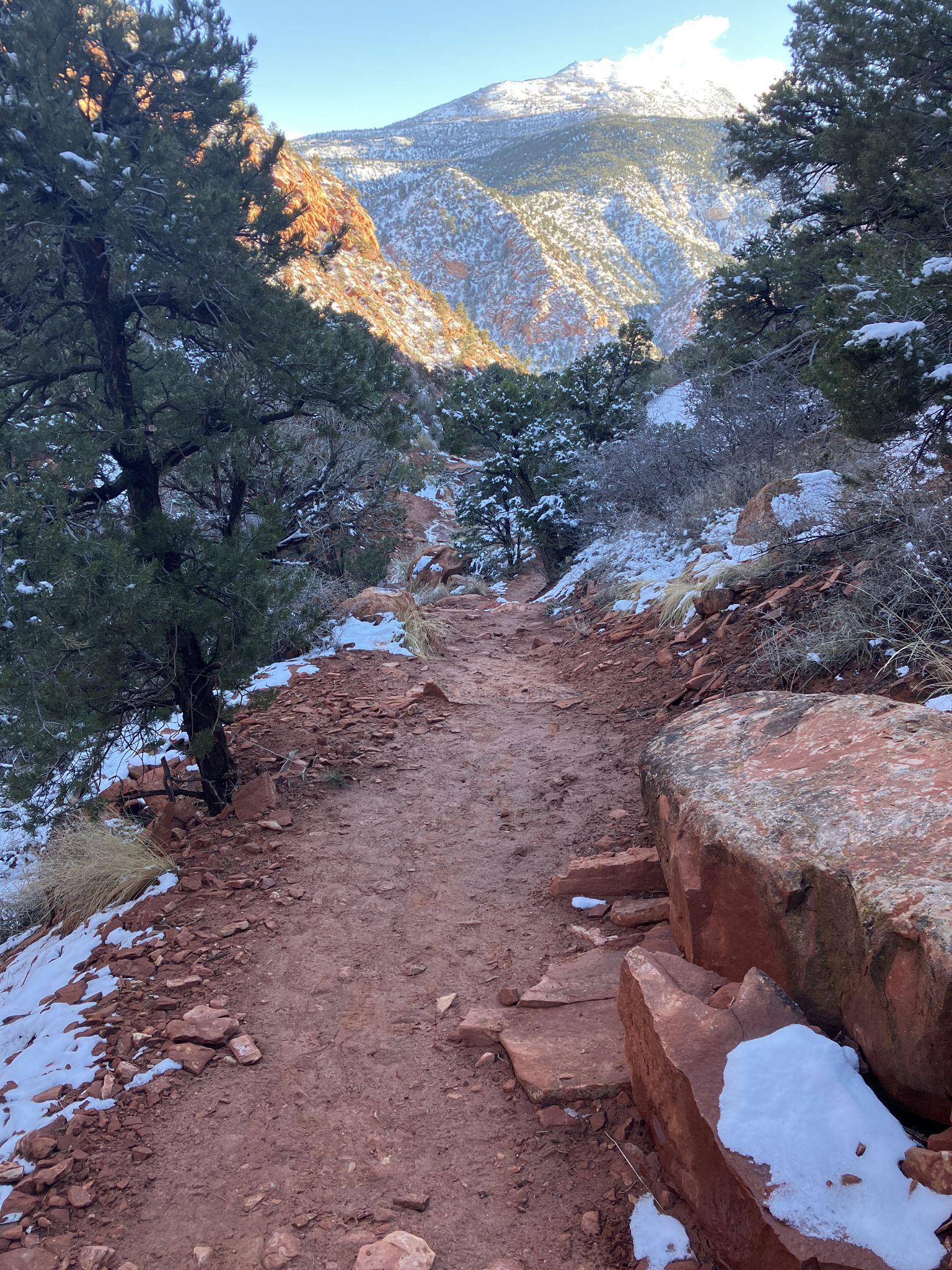 A dirt path winds down a snowy mountain slope with pine trees. - 13th Hole Trail via Razorback Wash Trail loop