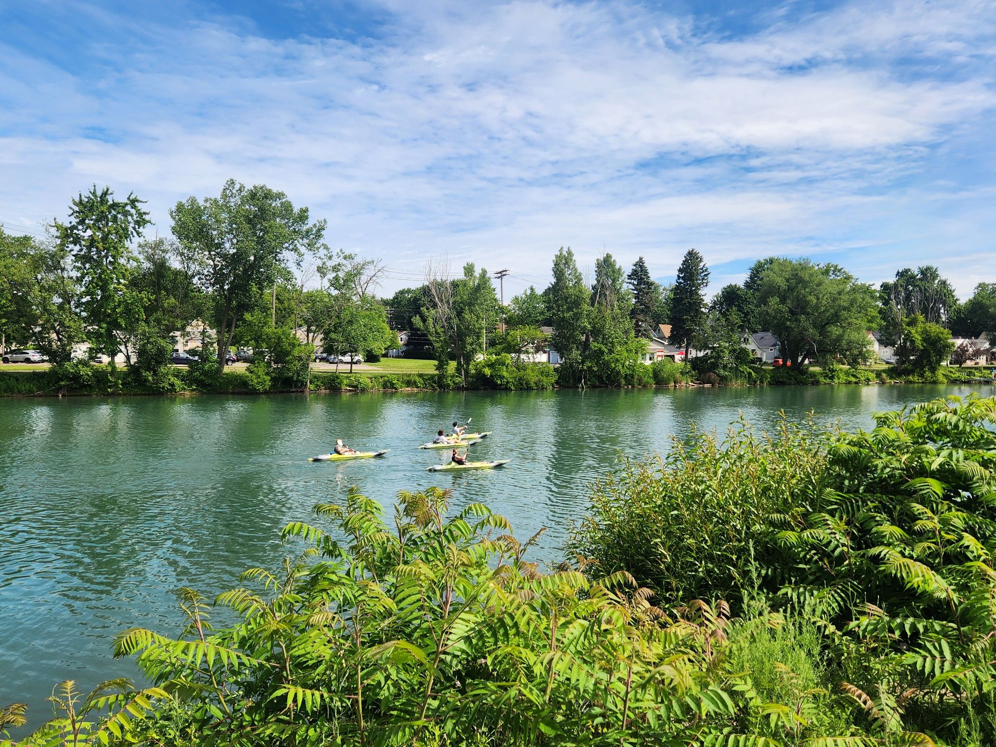 People kayaking and paddleboarding on a river surrounded by lush trees. - Century Ride around Erie County