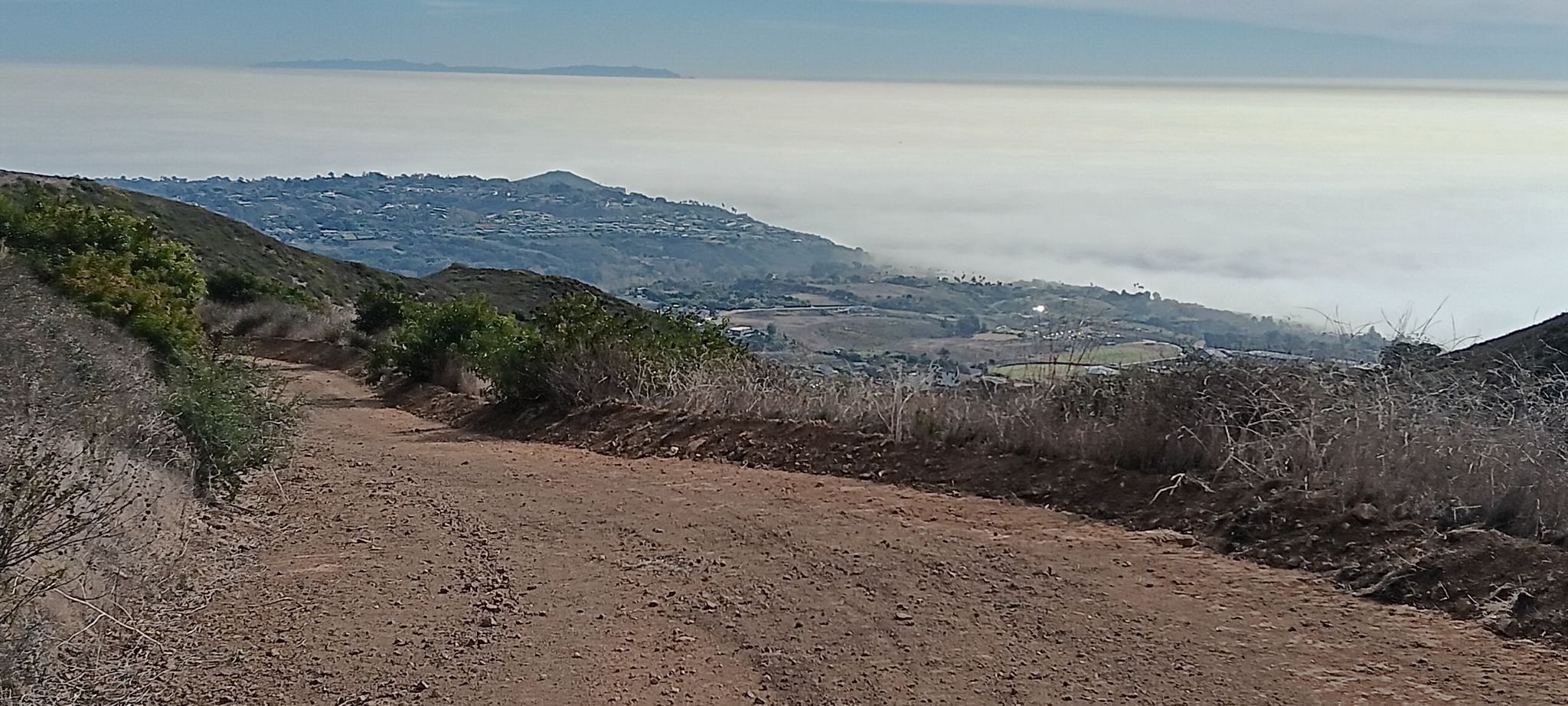 Dirt road overlooking a valley filled with low-lying fog under a clear sky. - Zuma Ridge Trail