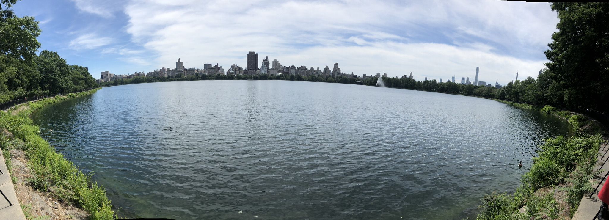 Panoramic view of a lake with a distant city skyline under a cloudy sky. - Northwest Central Park Loop