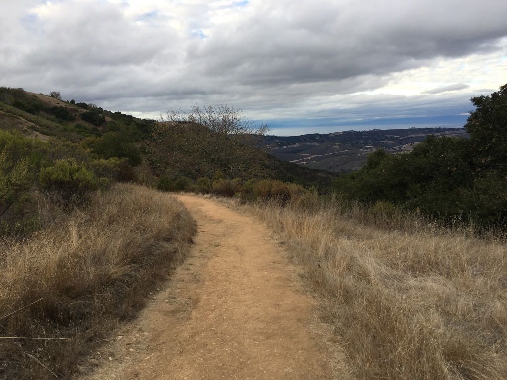 A winding dirt path through dry grass with distant hills under clouds. - Maple Canyon Trail – Snively's Ridge Trail loop from Carmel Valley Rd / Garland Ranch