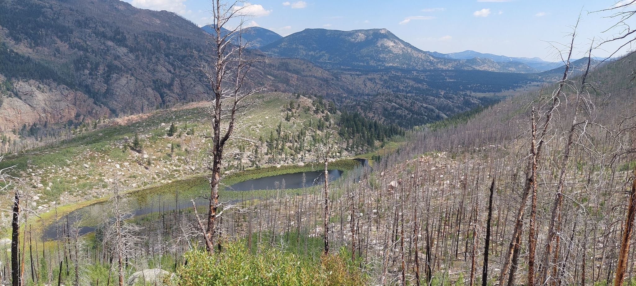 Panoramic view of a mountain lake surrounded by extensive burnt forest and distant peaks. - Two Rivers, Helene, Odessa, Fern Lake via Bear Lake and Fern Lake Loop