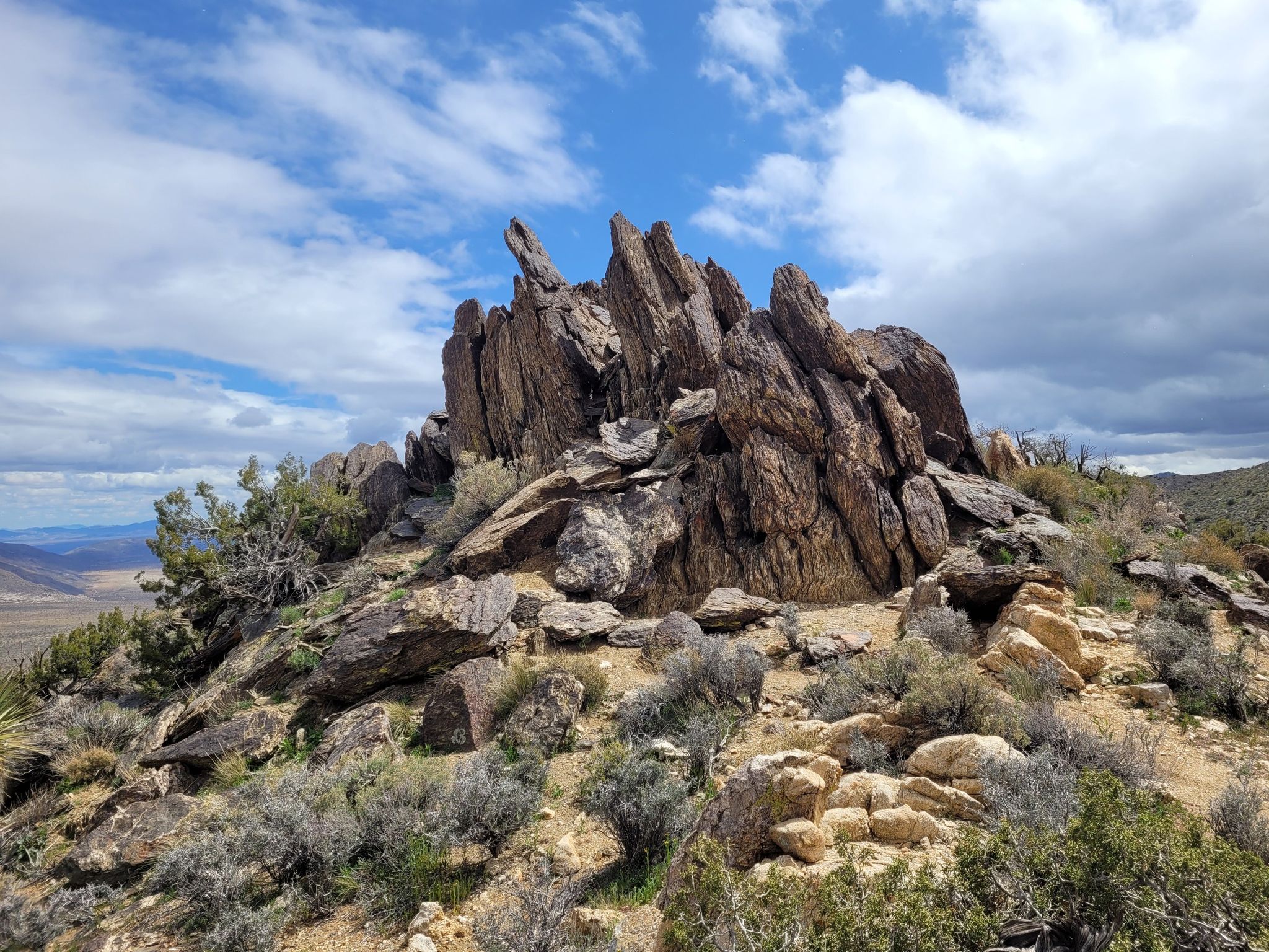 Jagged rock formations on a desert hill under a partly cloudy sky. - Lost Horse Mine Loop Trail