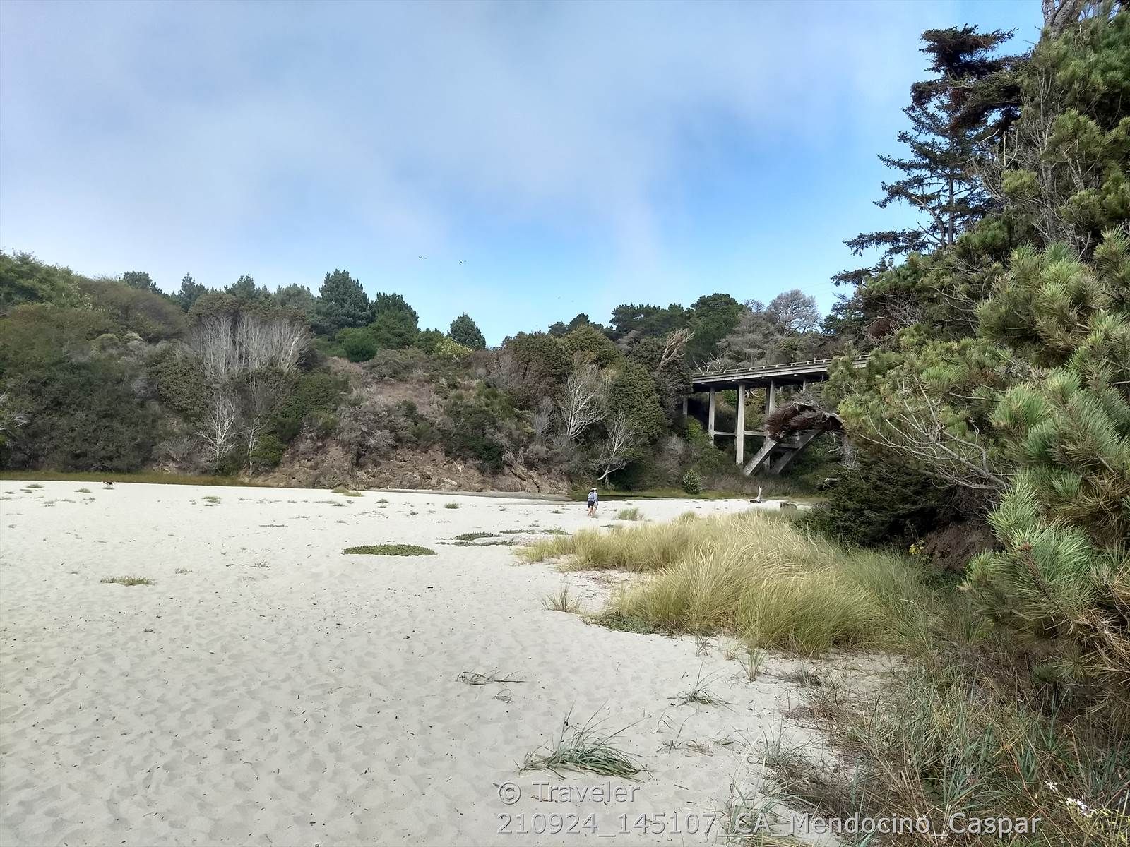 Wide sandy beach leading to a river and a concrete bridge. - Jug Handle Beach and Ecological Staircase Trail
