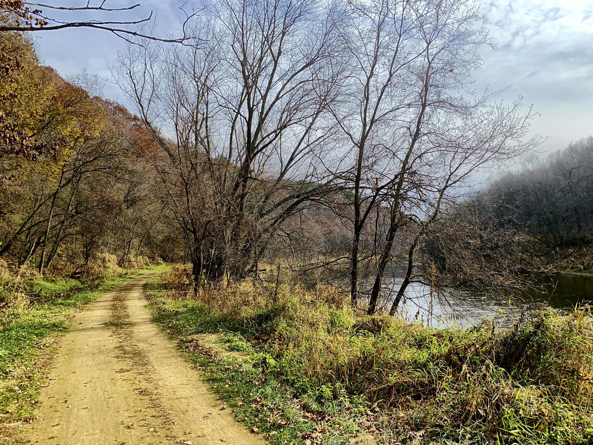 Dirt path next to a river, bare trees, and hills under an overcast sky. - Red Cedar State Trail