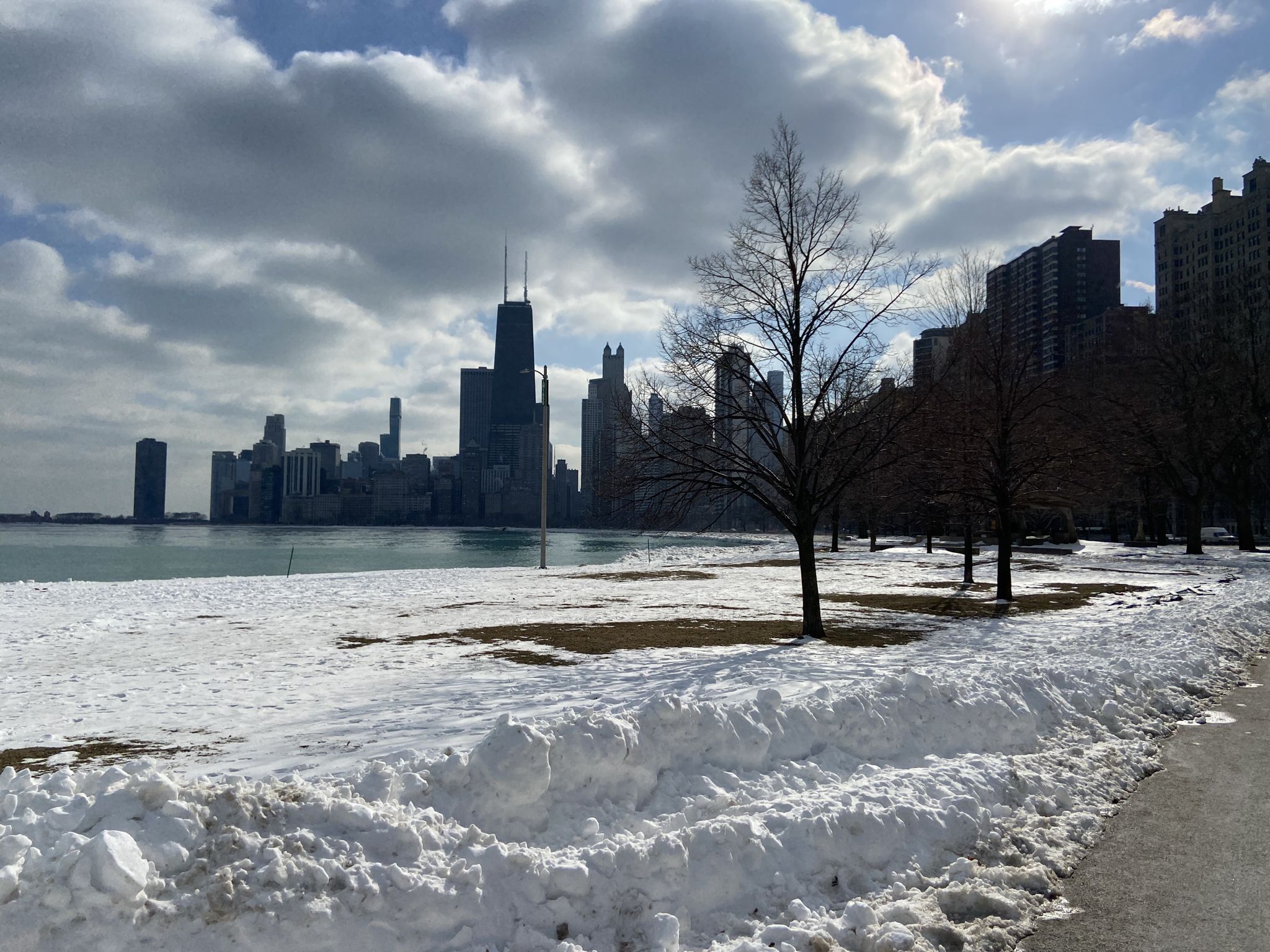 Snow covers the ground by water, with bare trees and a distant city. - Lakefront Trail