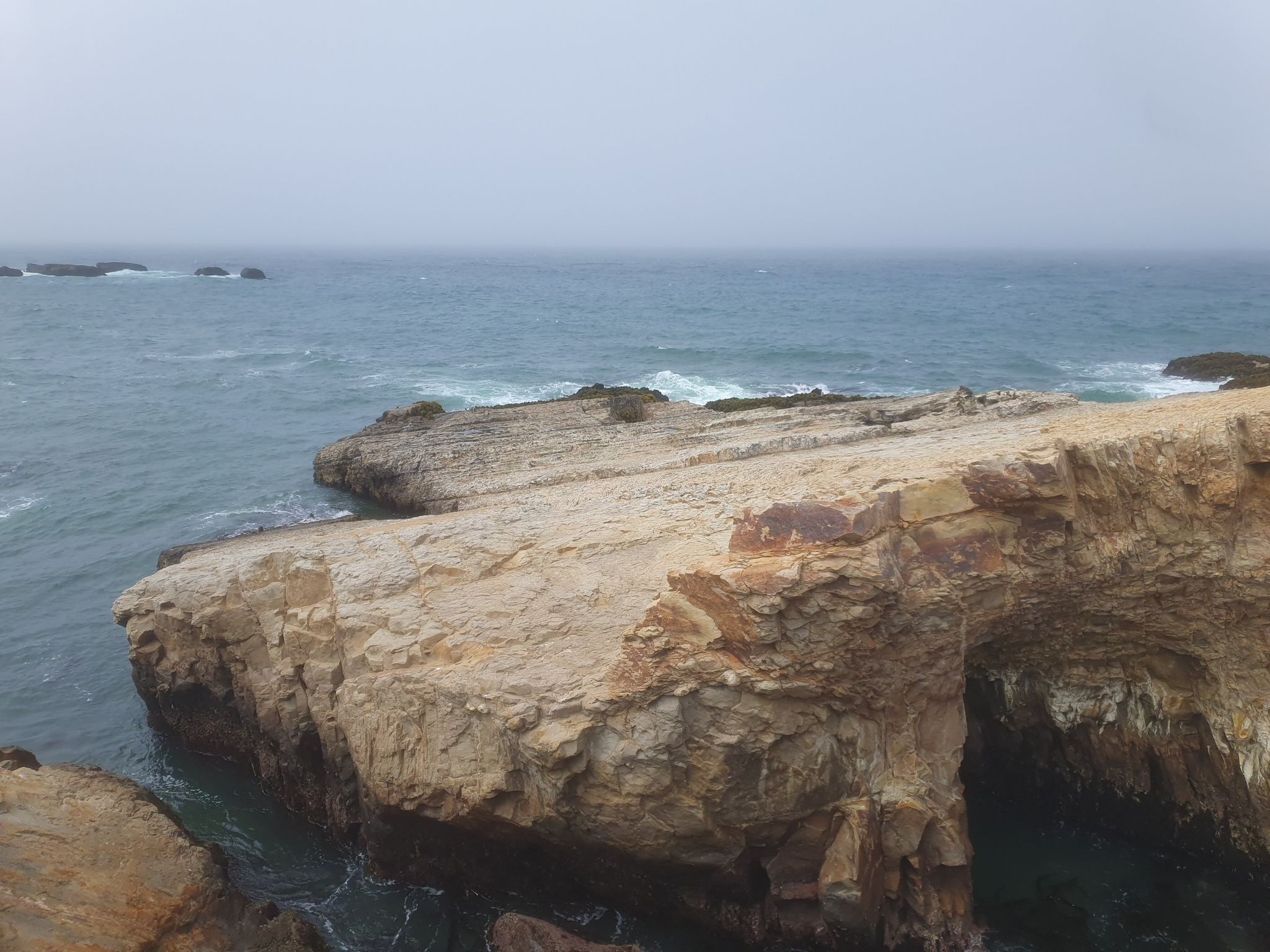 Rugged rock formations and a sea arch meet the ocean under an overcast sky. - View to Point Arena Lighthouse loop from Point Arena Lighthouse