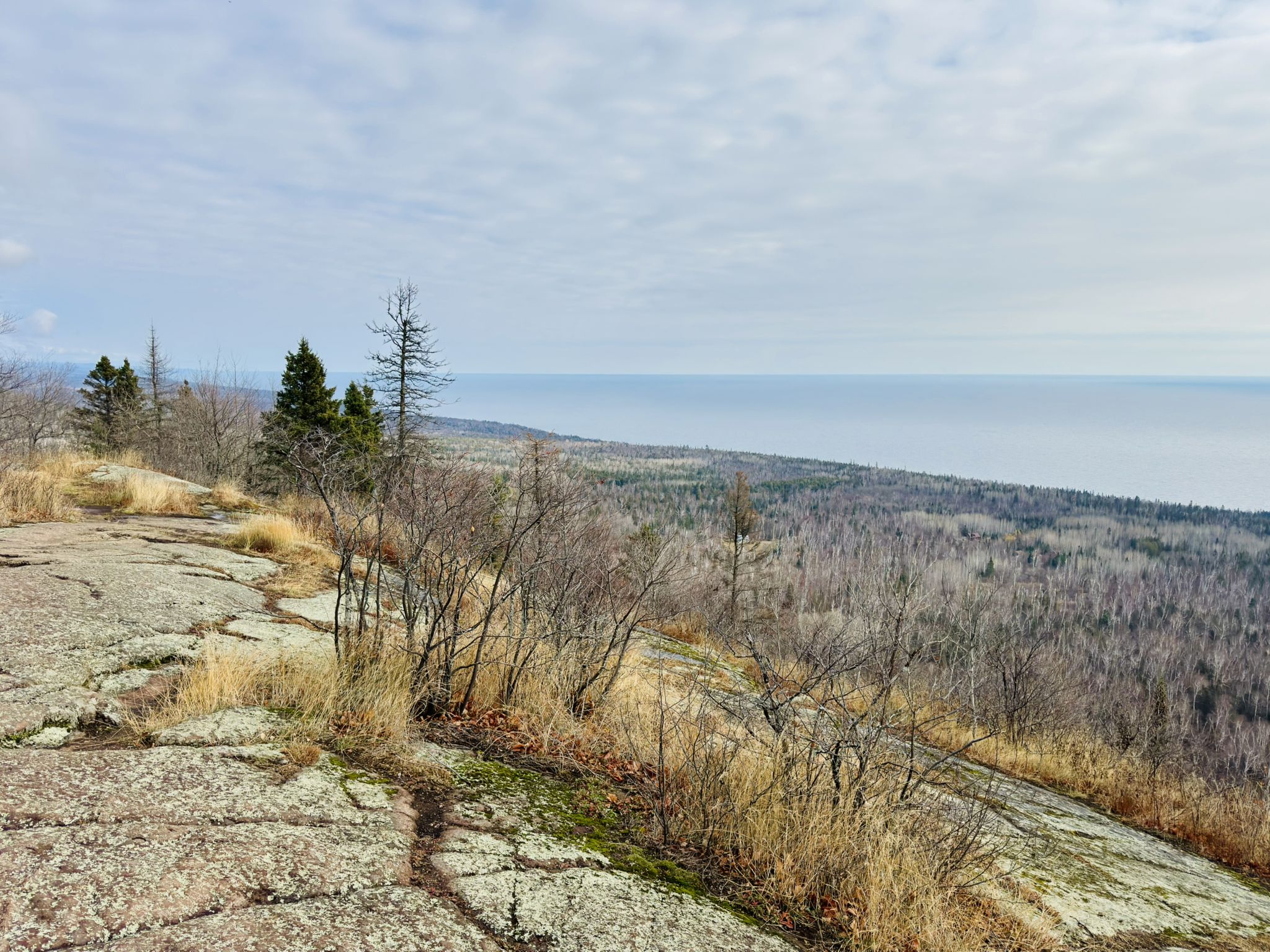 Rocky ground and bare trees overlooking distant water under a cloudy sky. - Oberg Mountain Loop
