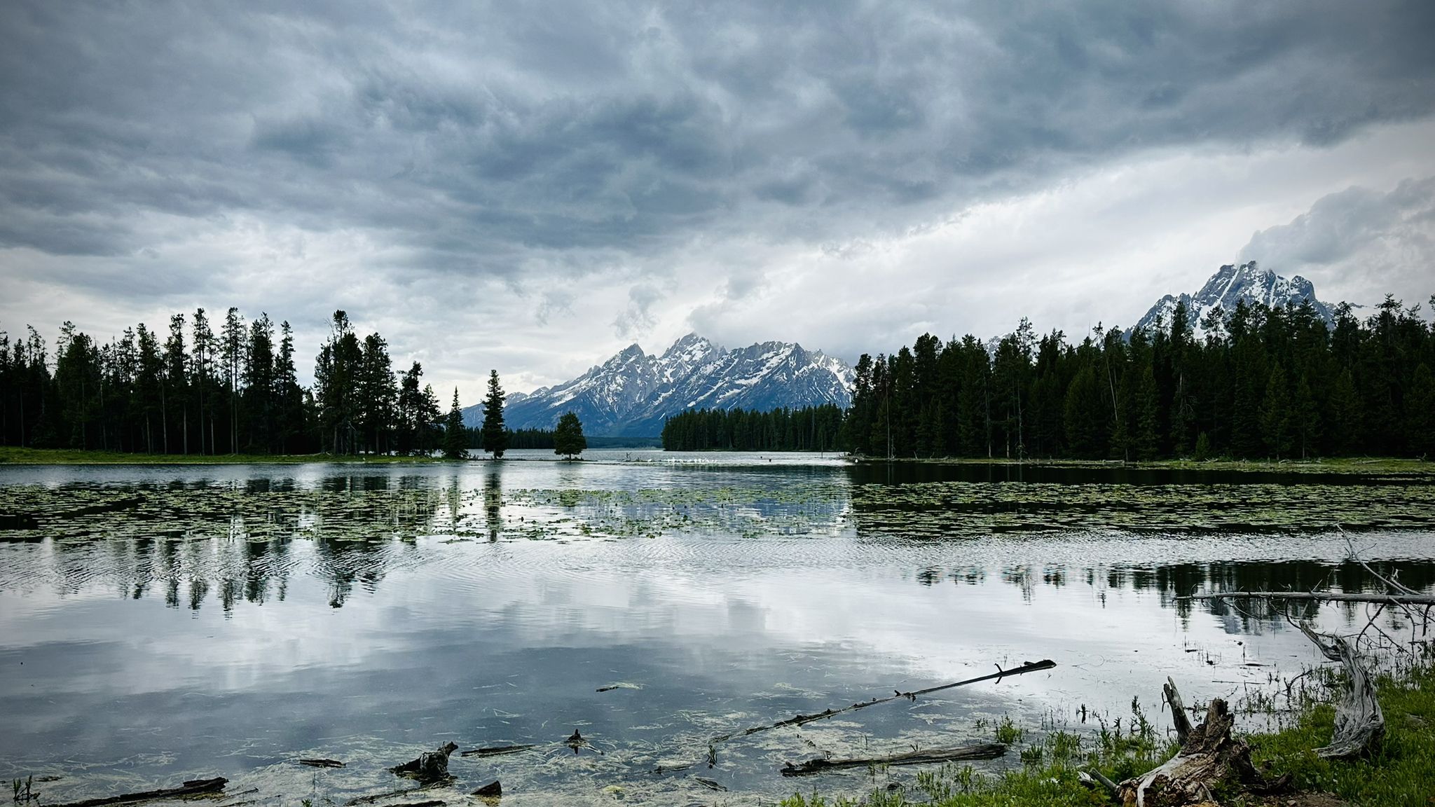 Overcast sky above a lake reflecting trees and snow-capped mountains. - Great Divide Mountain Bike Route: Two Ocean Lake Loop