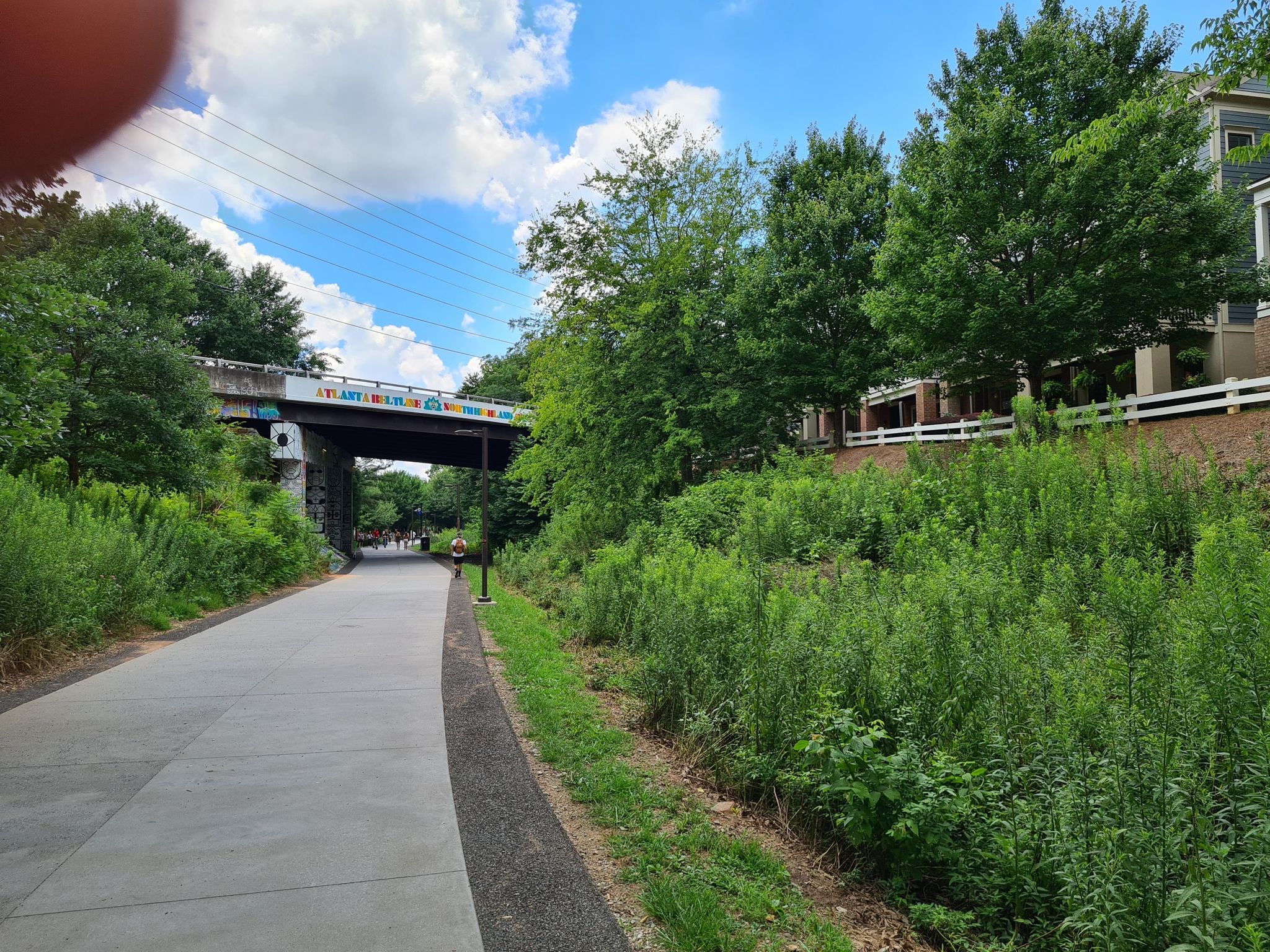 Paved path under a bridge with lush green foliage on a bright day. - Historic Fourth Ward Skatepark – Atlanta BeltLine Trail loop from Druid Hills