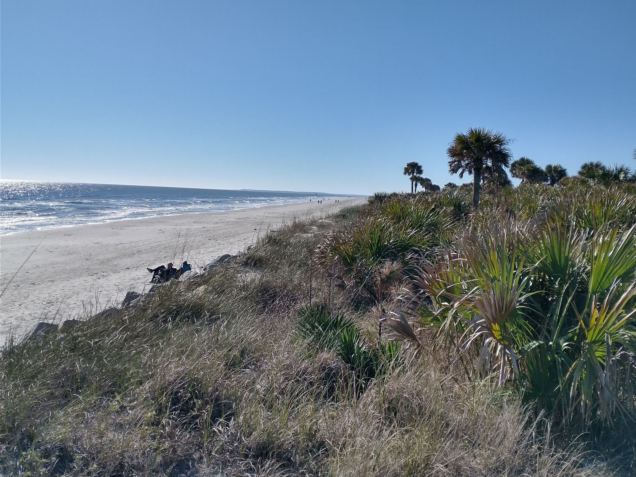 A sunny beach scene with ocean waves, sandy dunes, and coastal vegetation. - Jekyll Island Beach Park loop from Tidelands Nature Center
