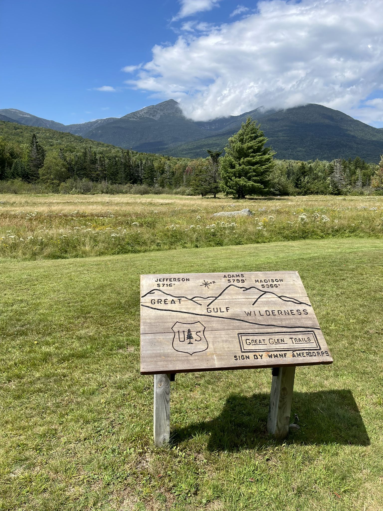 Wooden sign in a sunny green field with distant mountains and clouds. - Great Glen Trails loop from Green's Grant