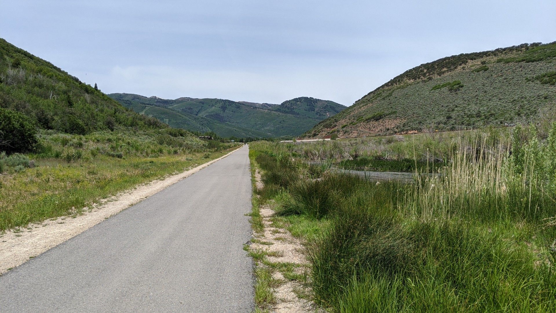 Paved path through a green valley between two grassy hills on a bright day. - McPolin Barn – Swaner Nature Preserve loop from Deer Valley