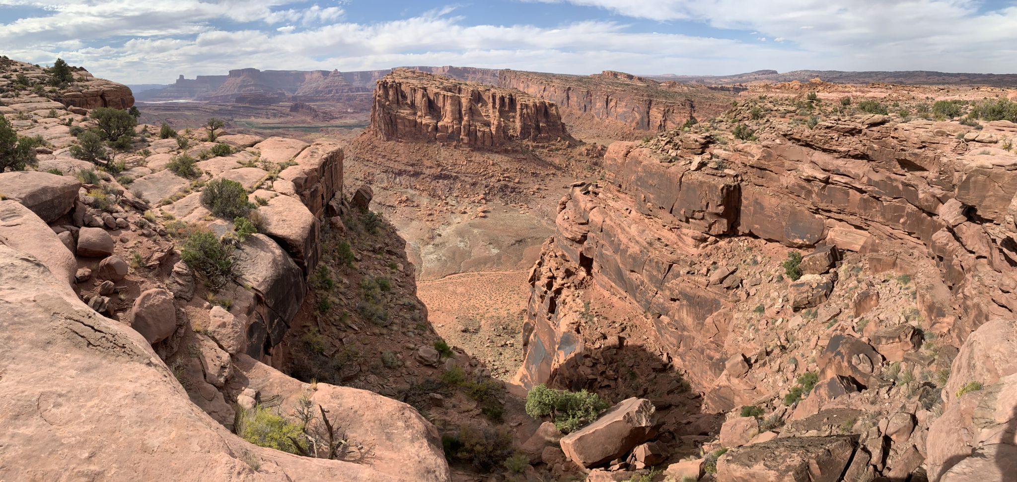 Panoramic view of a vast red rock canyon under a partly cloudy sky. - Captain Ahab (Lower) – HyMasa loop from Amasa Back