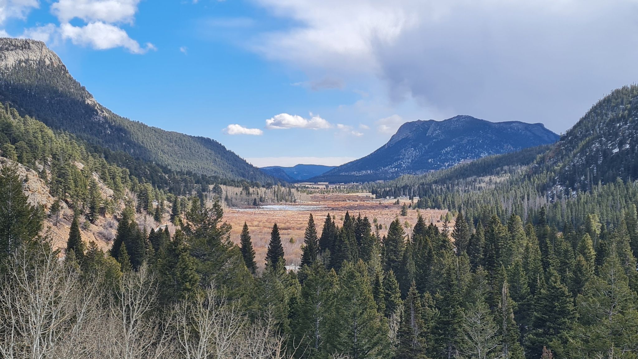 A wide mountain valley with pine forests, a meadow, and cloudy skies. - Chasm Falls – Lava Cliffs Overlook loop from Hazels Cone