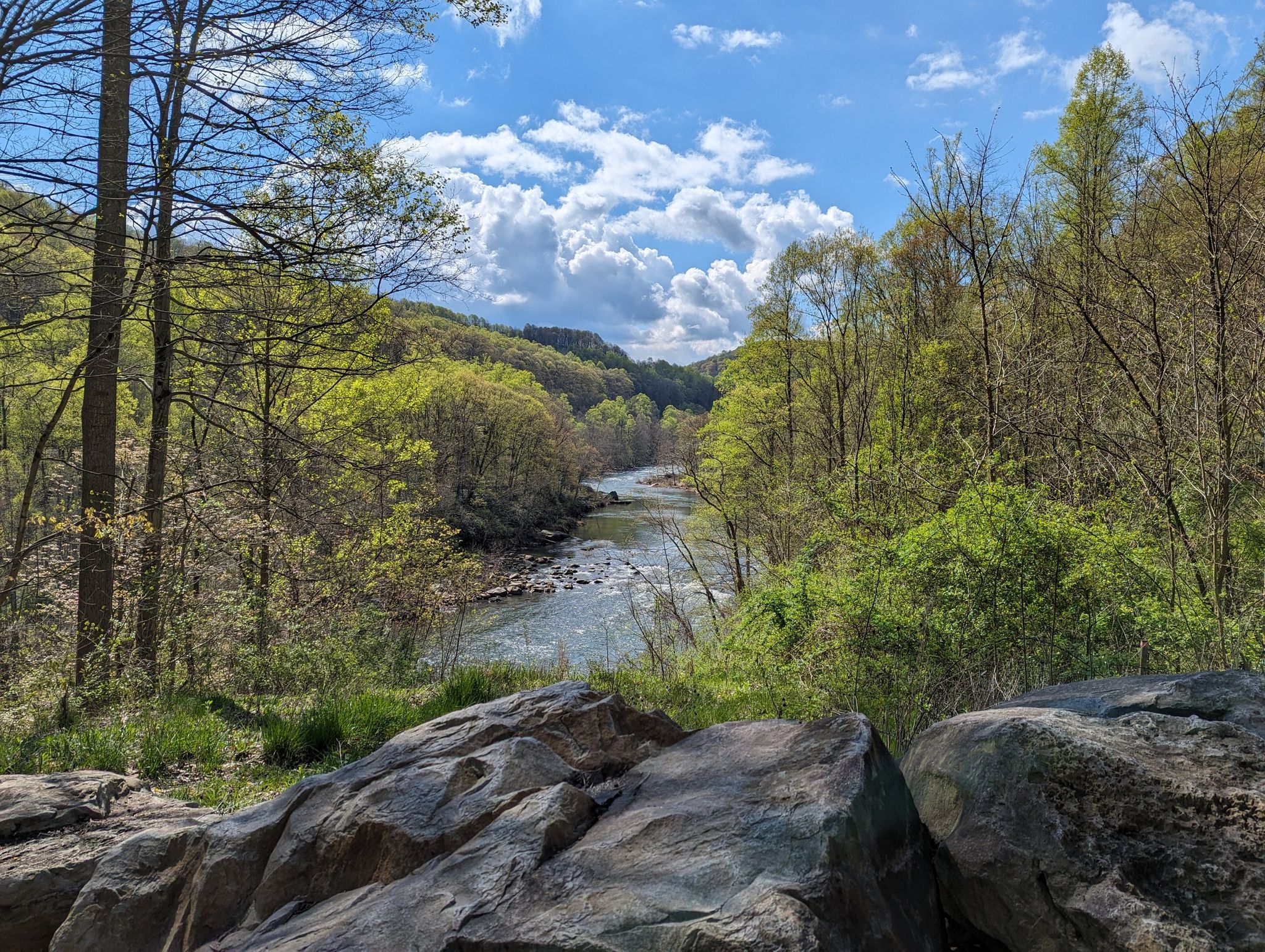 A wide river flows through a green valley under a bright blue sky. - Connellsville – Sugar Run Falls loop from Connellsville