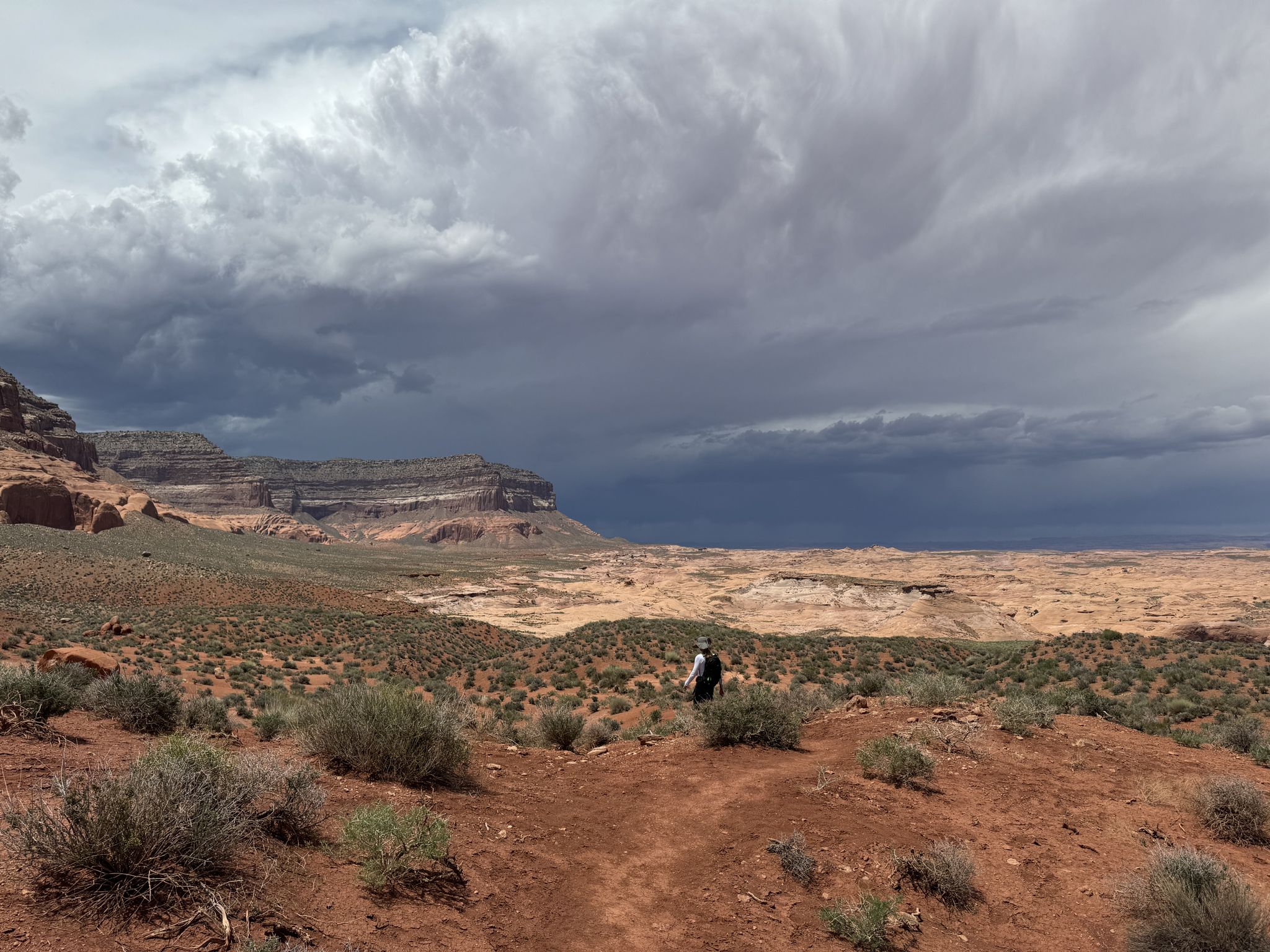 Person walks through a vast desert under a dramatic, cloudy sky. - Hole-in-the-Rock OHV Road