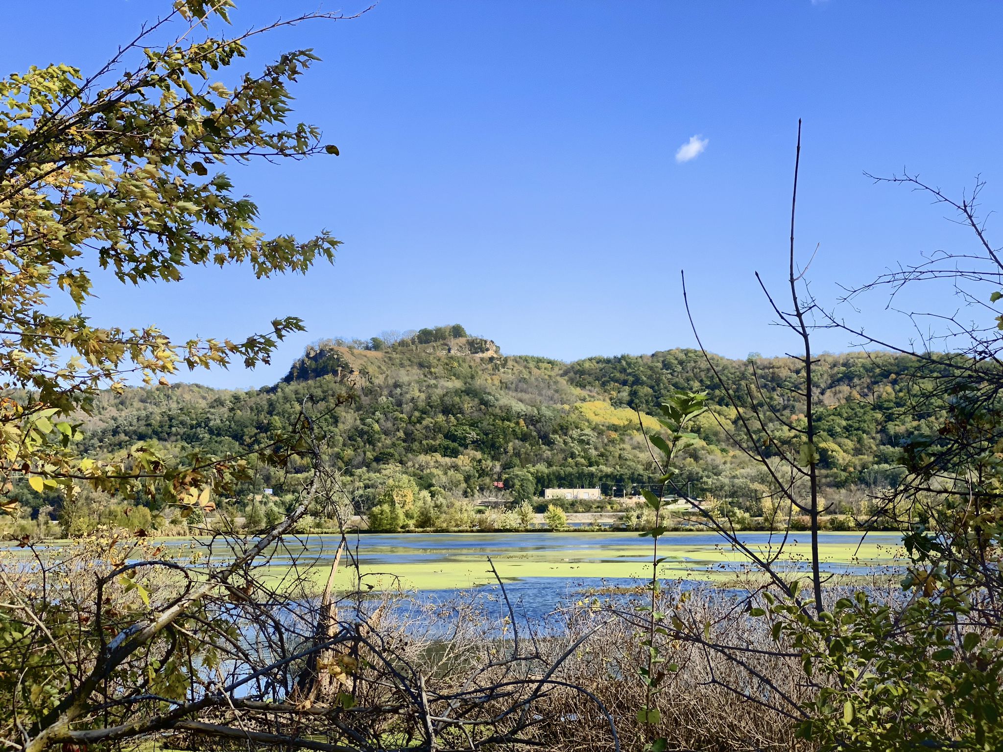 Sunny lake view with distant forested hills, framed by dark branches. - La Crosse Marsh loop from La Crosse