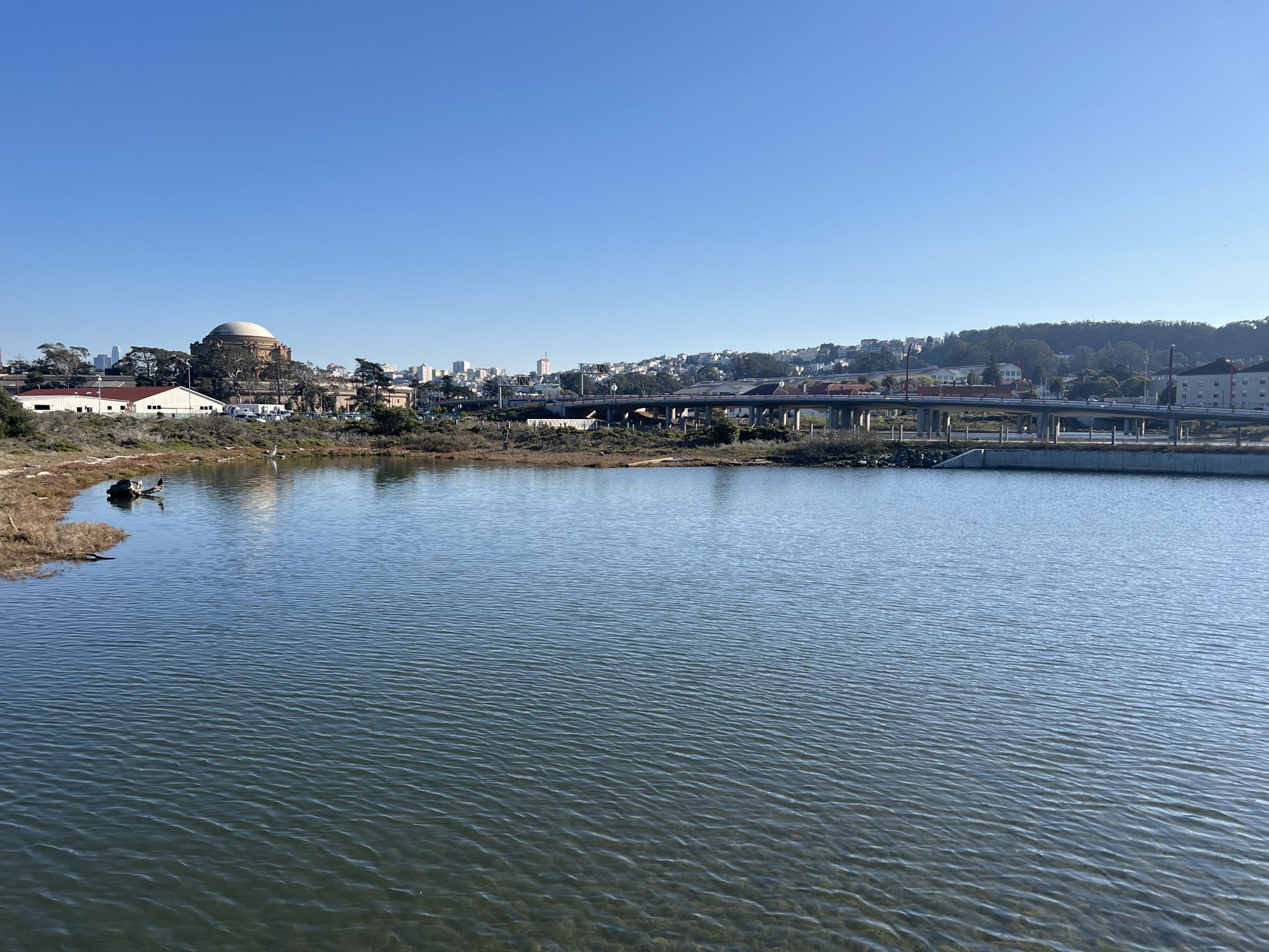 Calm water with a distant city skyline, dome building, and bridge under clear sky. - Golden Gate Promenade – Crissy Field beach 🏊 loop from San Francisco Maritime National Historical Park