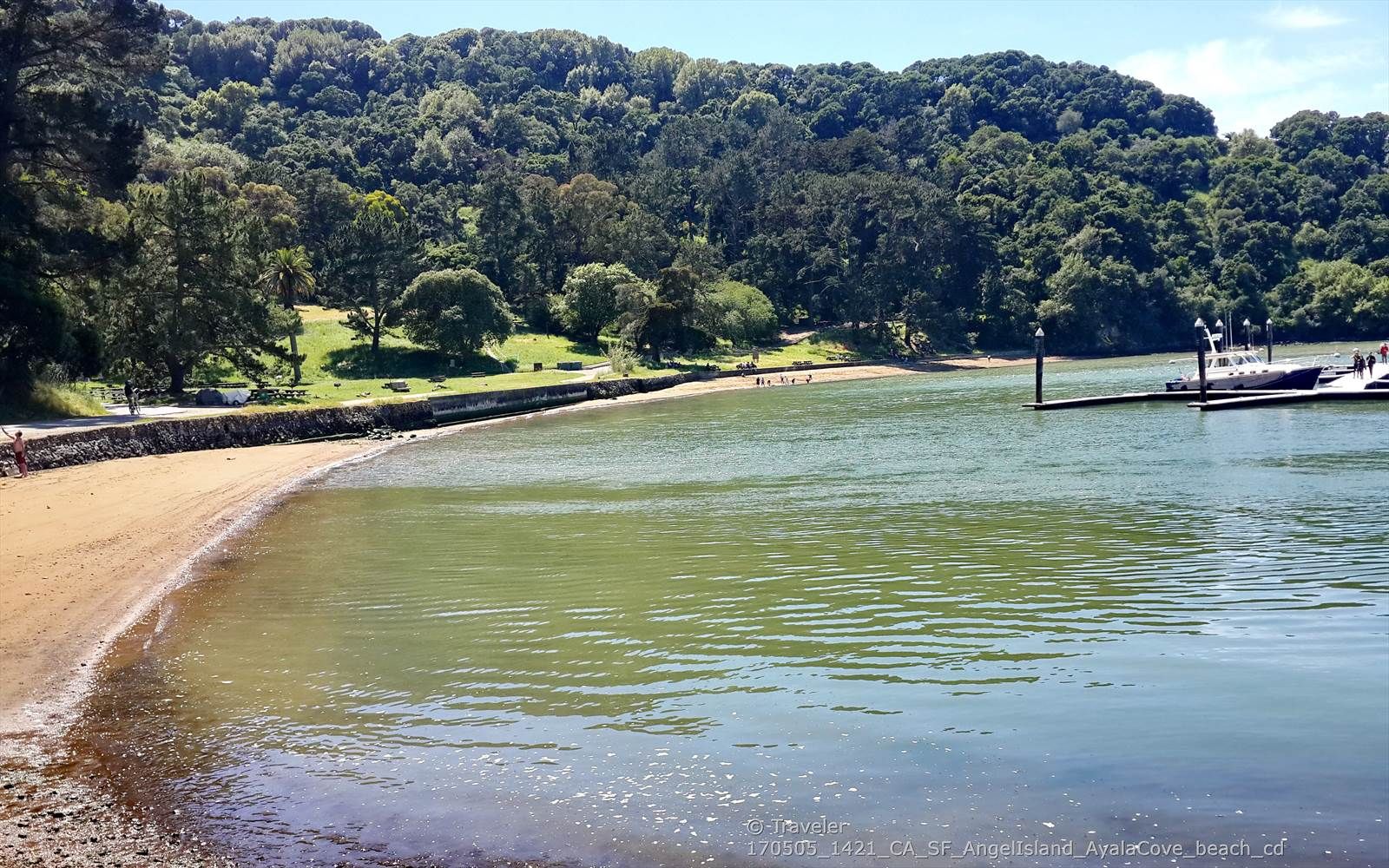 A sandy beach curving into a calm bay with a pier and green trees. - Post Chapel, Fort McDowell – Quarry Beach loop from Angel Island