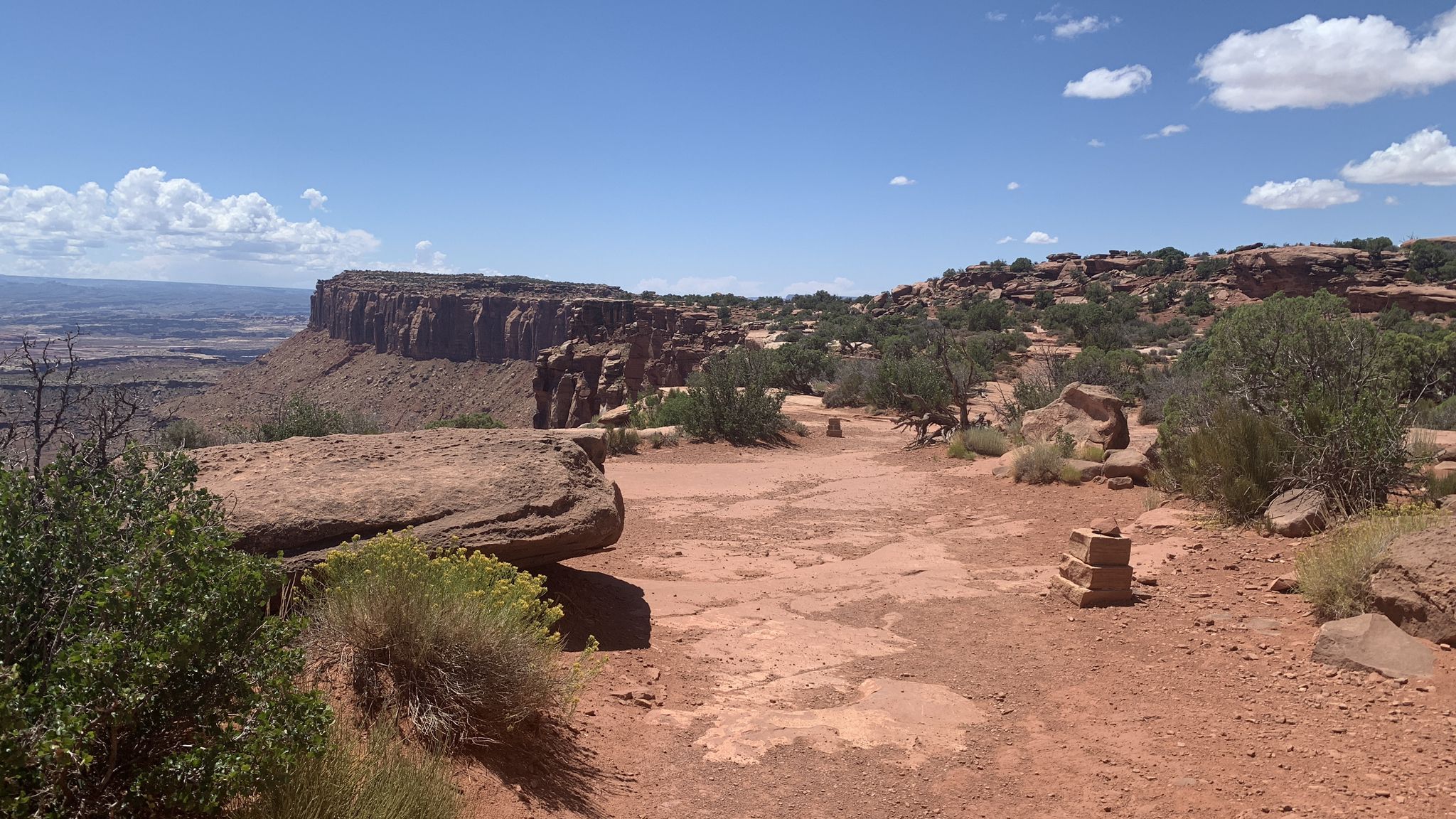 Wide dirt path through desert scrub with a distant mesa under a blue sky. - Grand View Point Overlook loop from Grand View Point Overlook