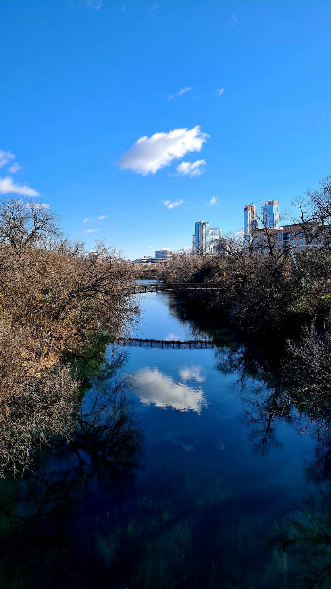 Calm river reflects blue sky and clouds, with a distant city skyline. - Suburban SoCo Hills loop