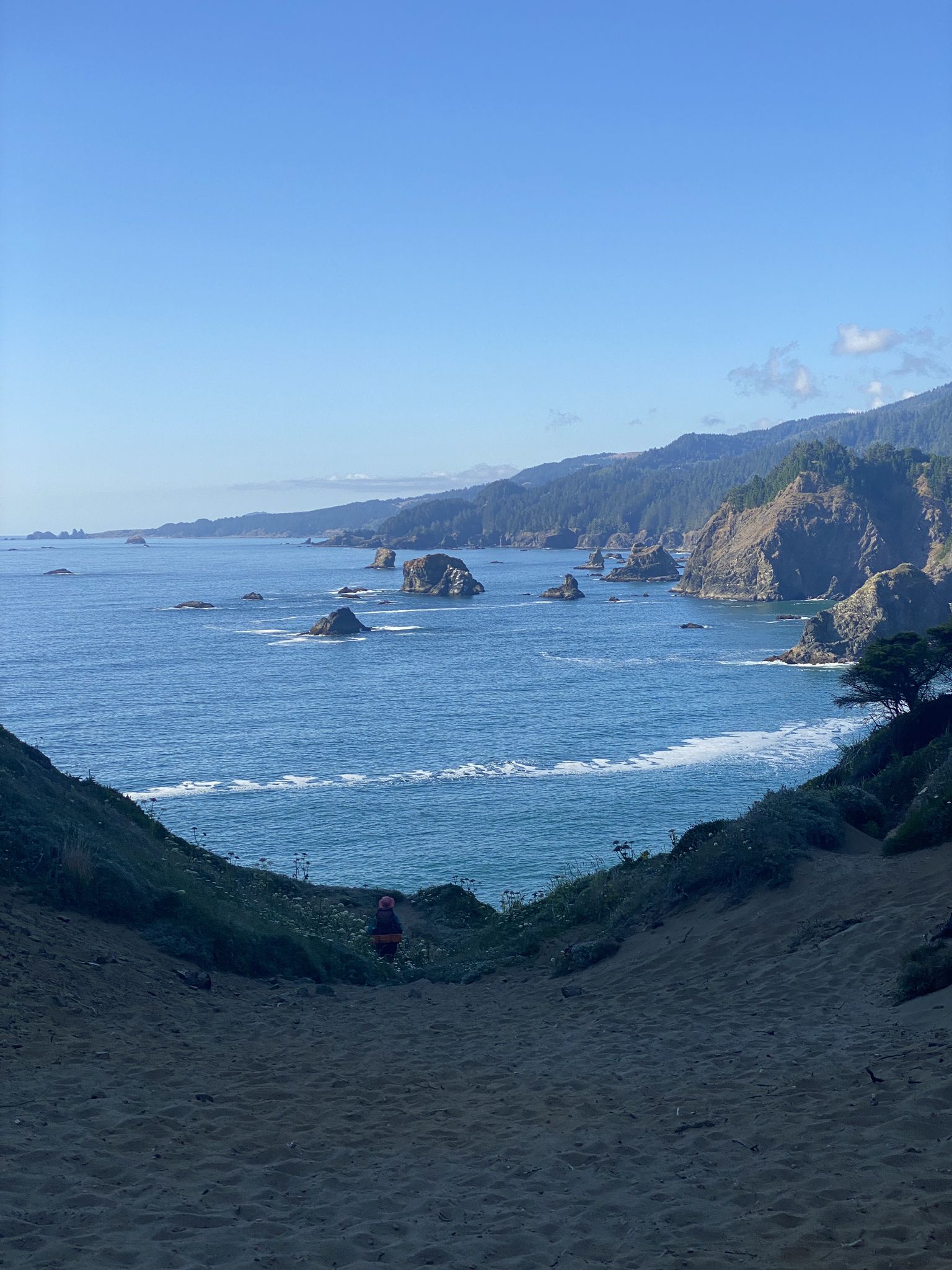 A person walks down a sandy slope overlooking a vast, rocky ocean coastline. - Indian Sands Trail