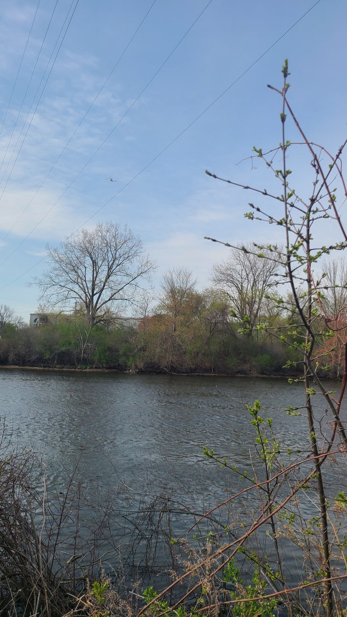 Wide river with trees on the far bank under a cloudy sky. - Kalamazoo River loop from Kellogg Community College