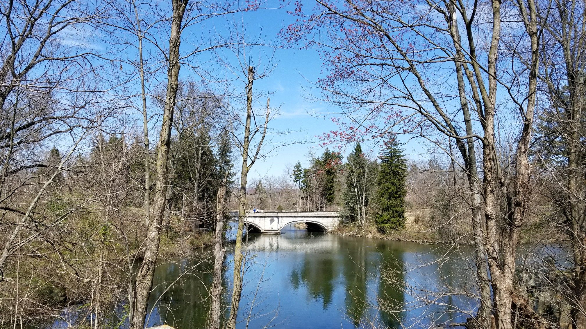 A stone bridge spans a calm river, framed by bare trees under a bright sky. - Great Falls loop from Manville