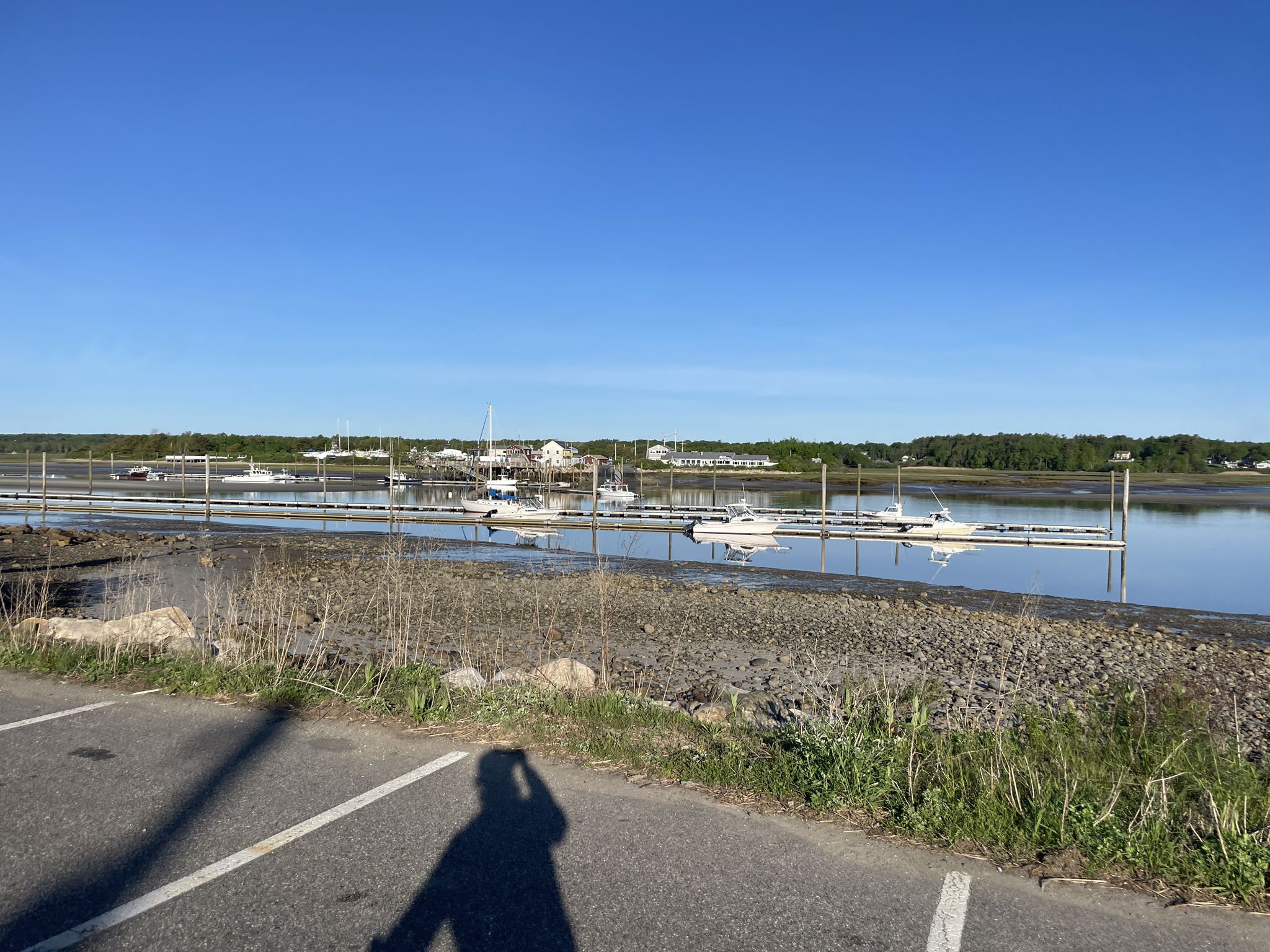Sunny marina with boats on docks at low tide, person's shadow visible. - Atlantic Avenue via Harbor Road