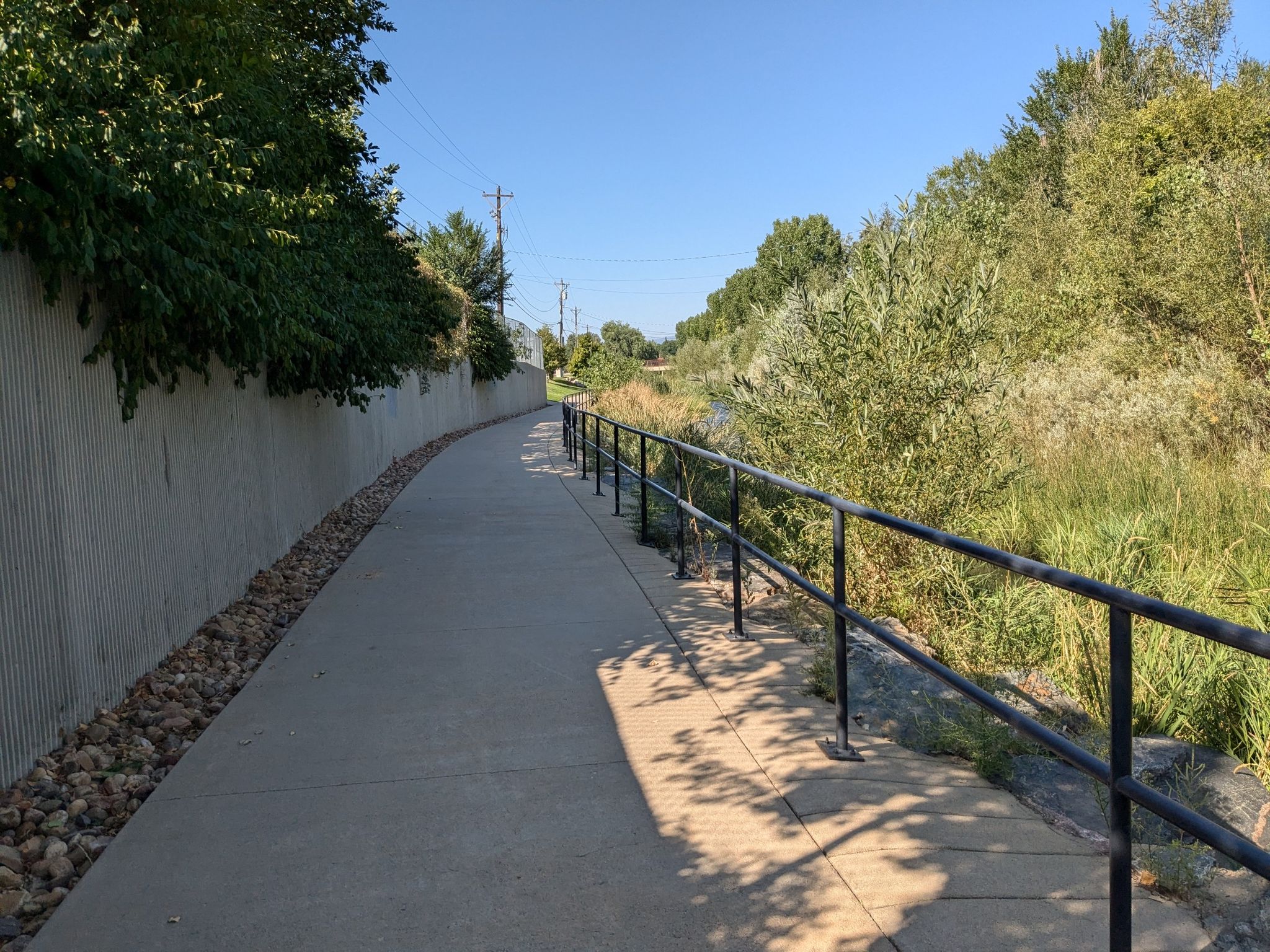 Paved path with black railing, green foliage, and bright daylight. - Longmont Loop