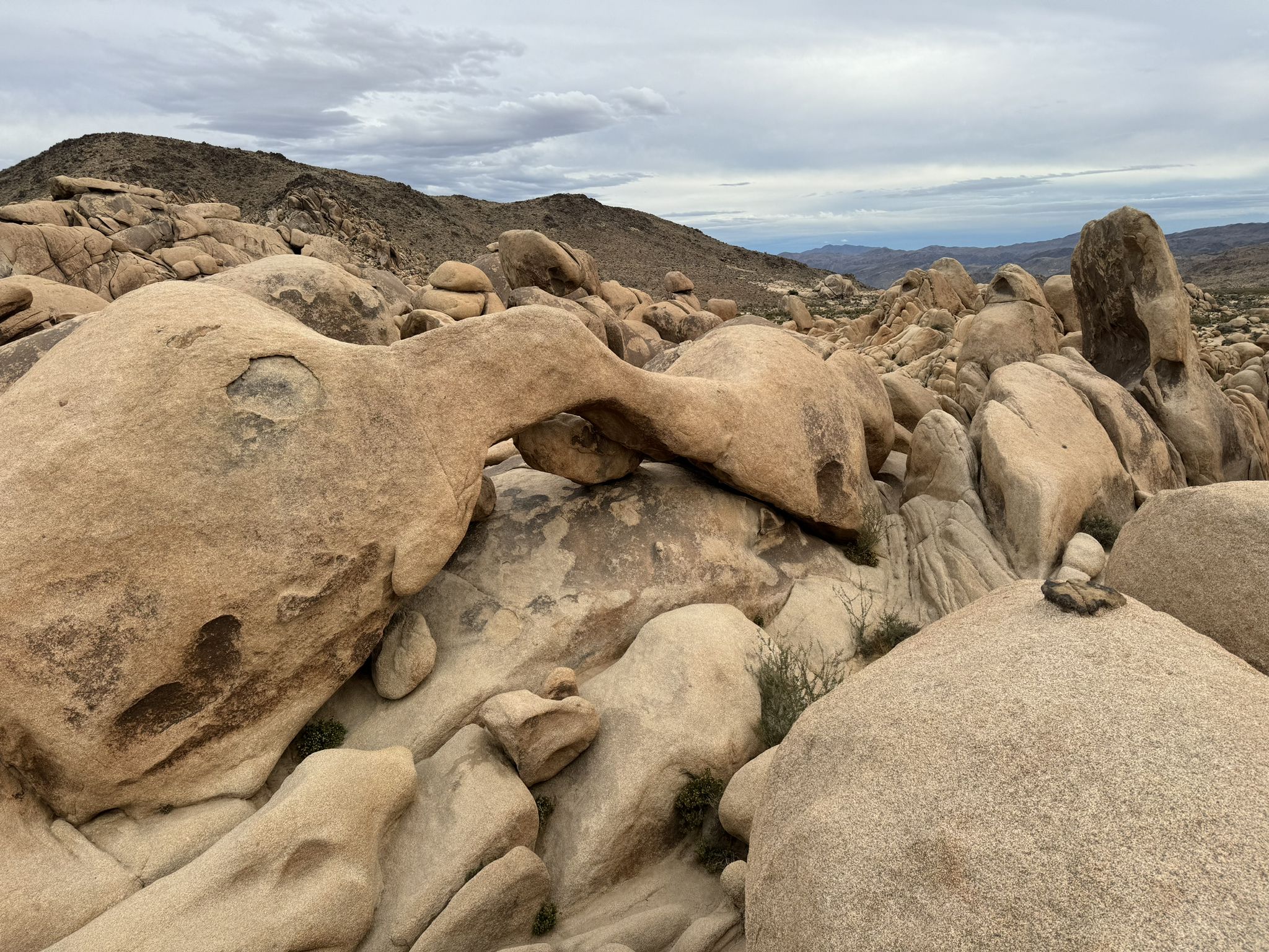 Natural rock arch in a rocky desert landscape under an overcast sky. - Arch Rock Trail
