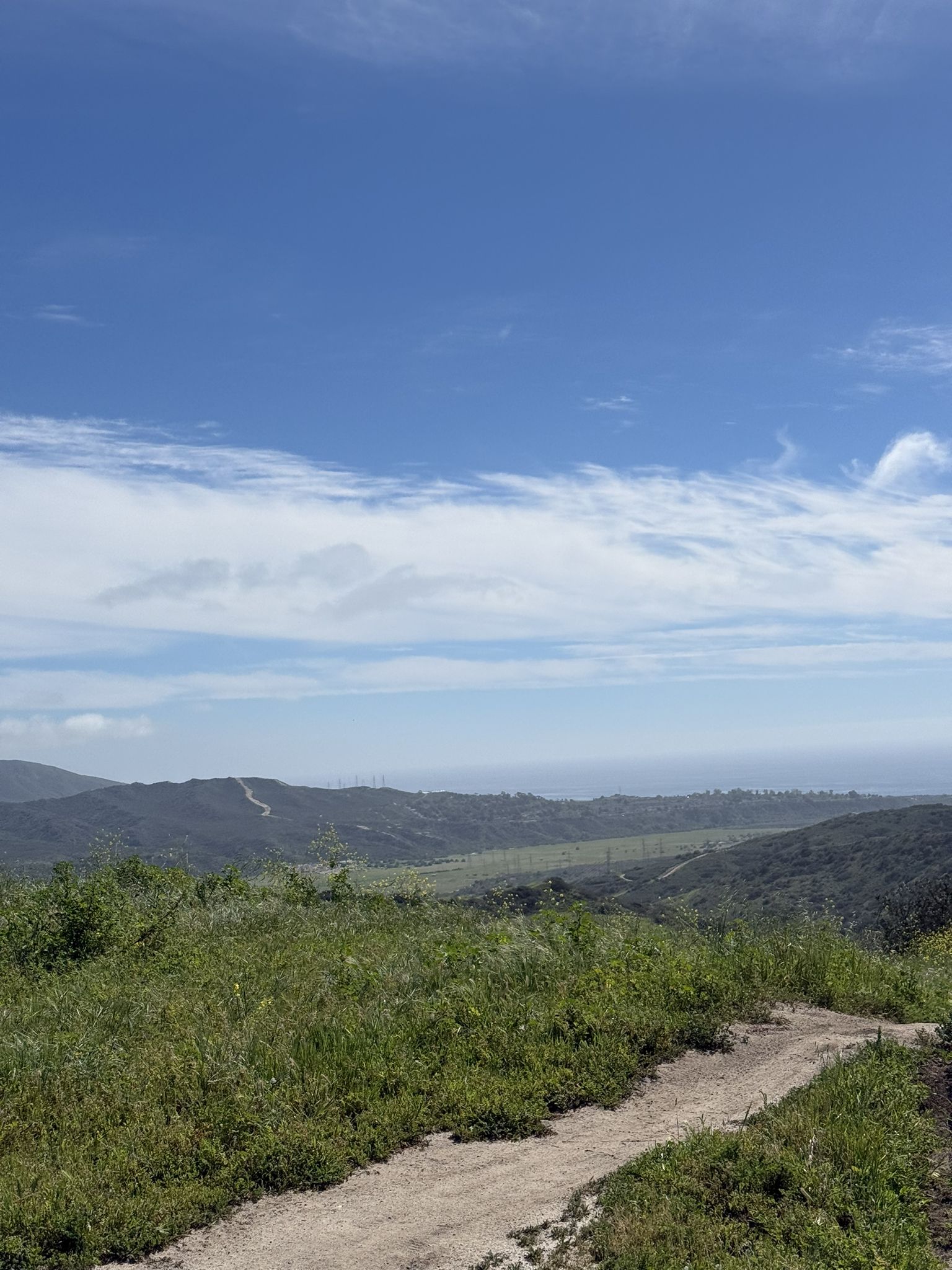 Dirt path winding through green hills under a bright, cloudy sky. - Rancho San Clemente Ridgeline Trail