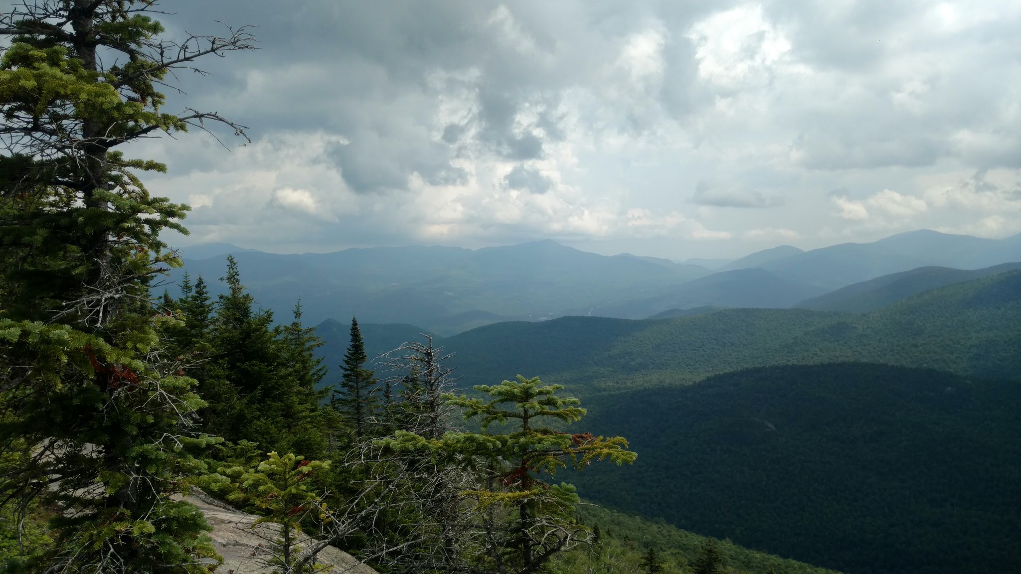 Distant forested mountains under a cloudy sky, with evergreen trees in the foreground. - Pitchoff Mountain Trail