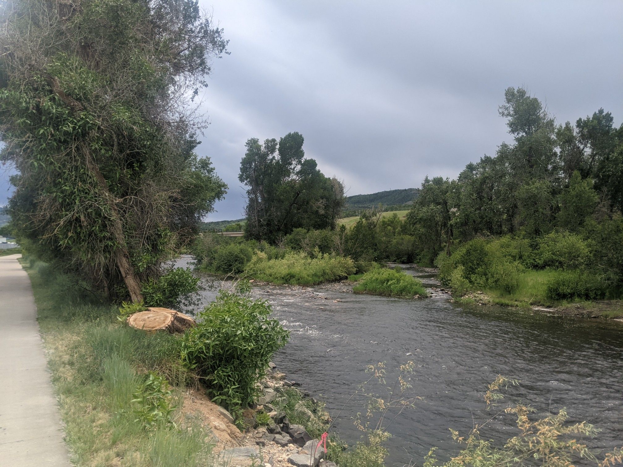 A river flows through a lush green landscape under an overcast sky. - Yampa riverside park – Bear River Bike Park loop from Riverside Plaza