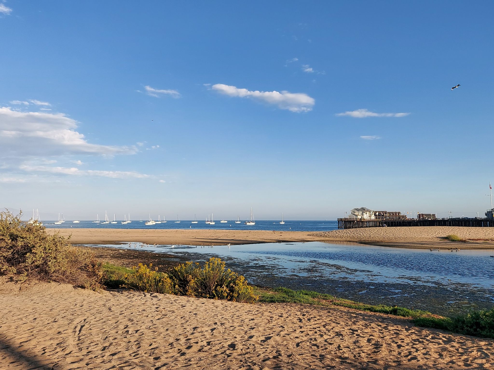 Sandy beach with a tidal creek, distant pier, and boats under blue sky. - Hope Ranch Loop