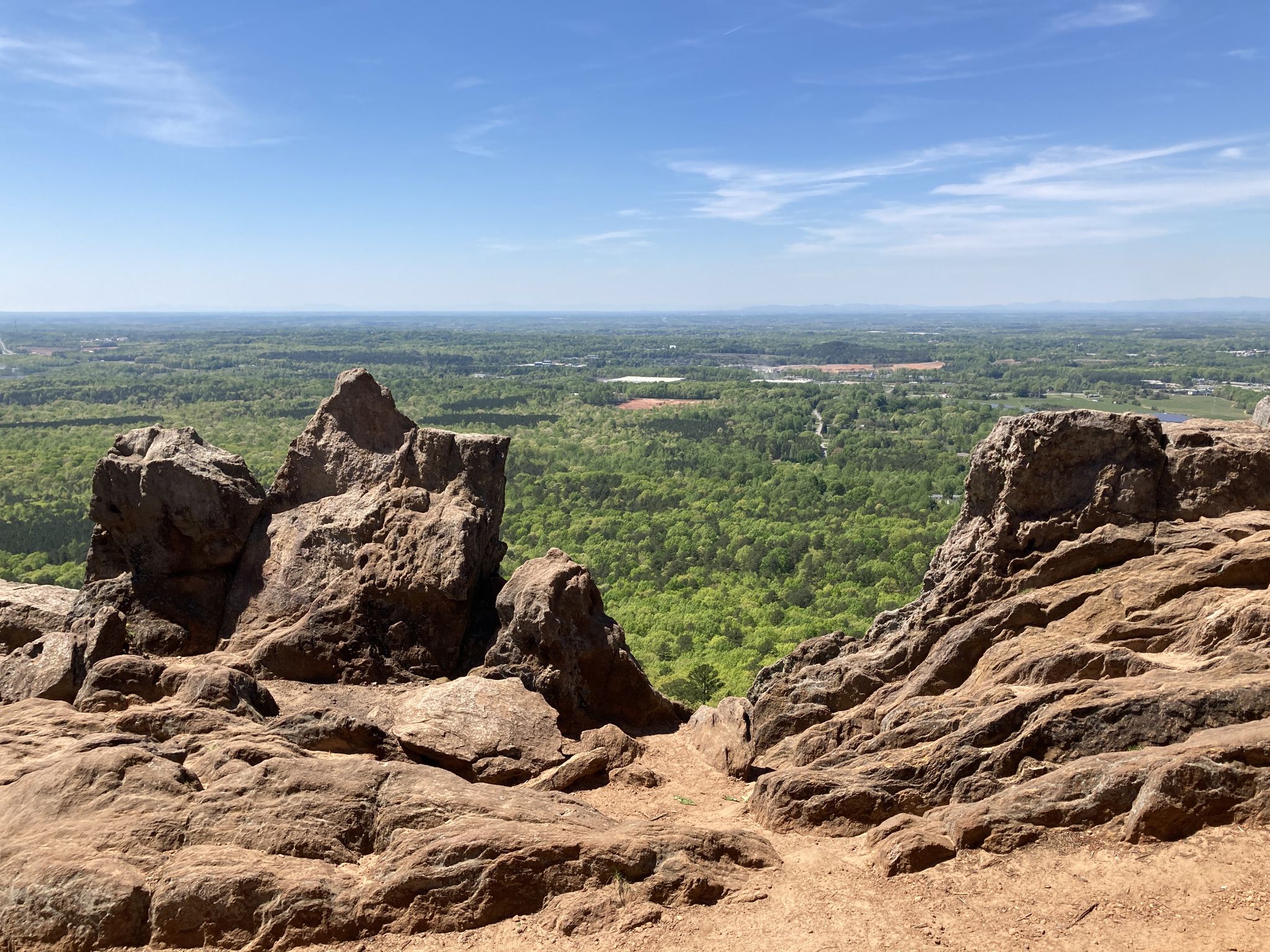 Rocky outcrop overlooking a vast green forest under a clear blue sky. - Pinnacle Trail