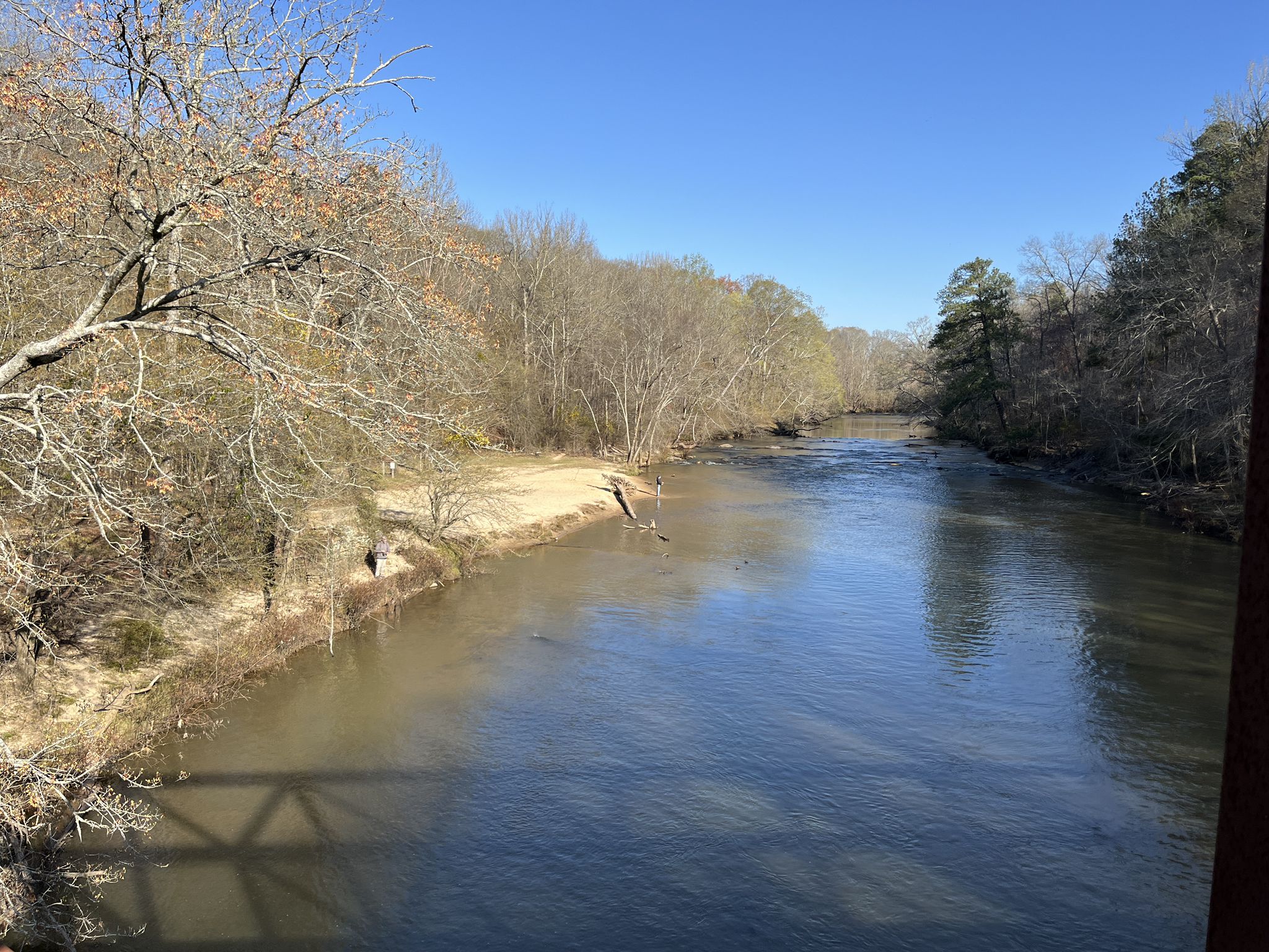 Wide river flowing through a forest of bare trees, sunny day. - Sweetwater Creek Yellow Trail