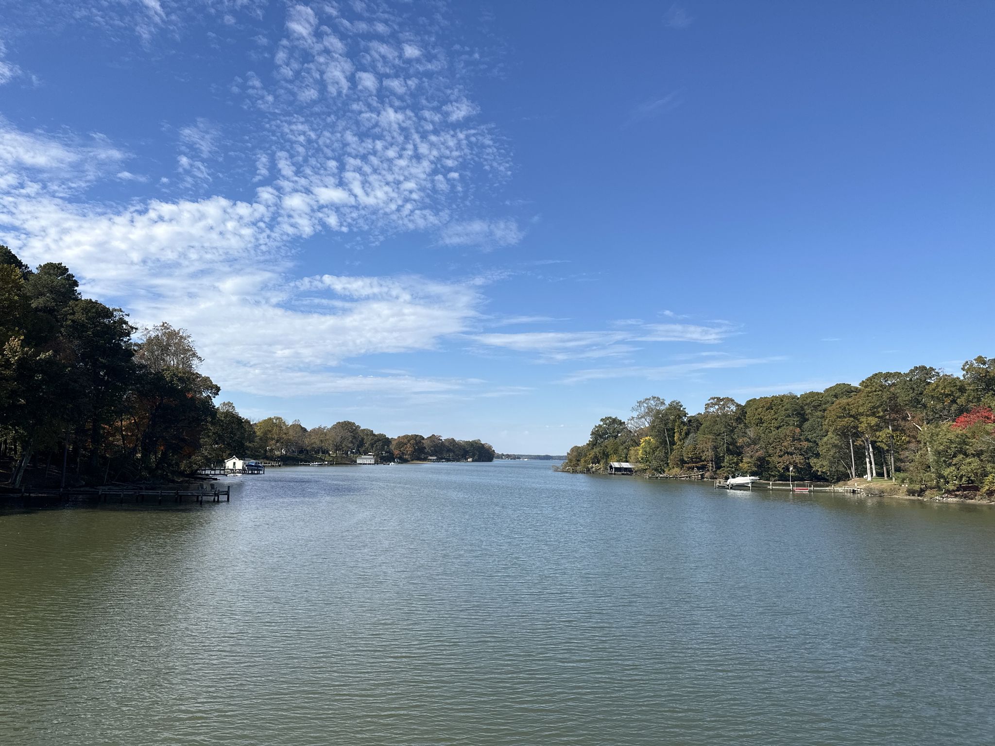 Wide river with tree-lined banks under a bright blue sky with scattered clouds. - Saint Michaels to Oxford loop